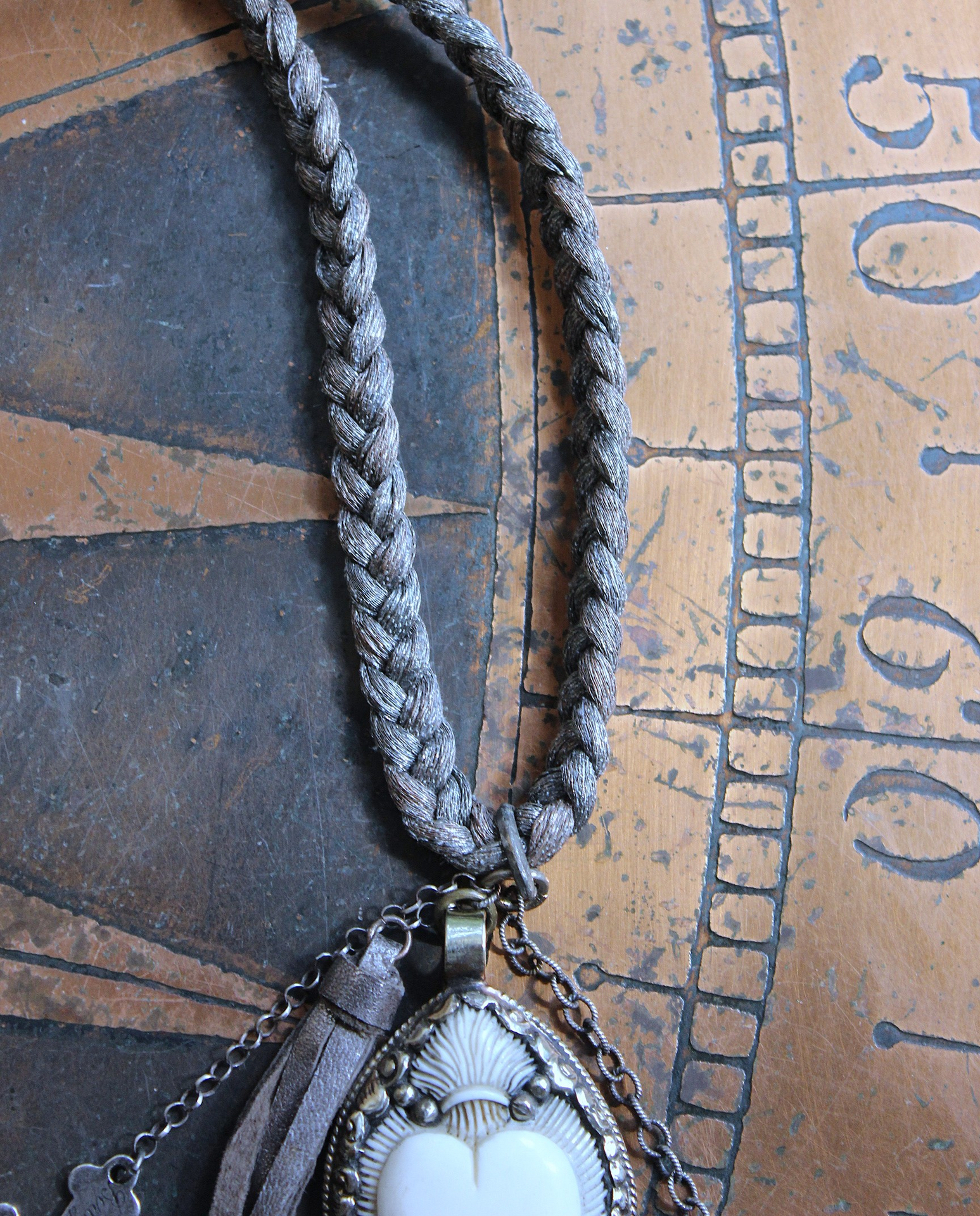 NEW! Antique French Braided Metal Thread Trim Necklace w/Silver Repousse Carved Bone Flaming Sacred Heart, Engraved Nun's Cross, Water Clear AAA Light Citrine Point