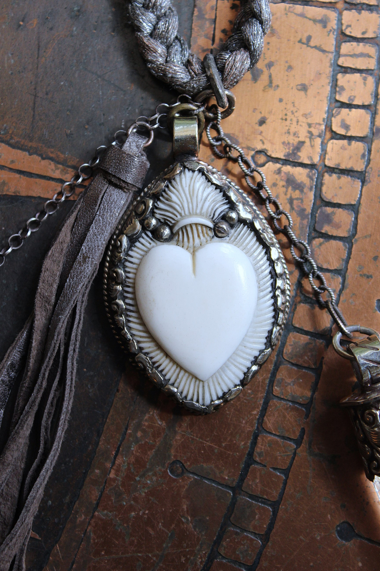 NEW! Antique French Braided Metal Thread Trim Necklace w/Silver Repousse Carved Bone Flaming Sacred Heart, Engraved Nun's Cross, Water Clear AAA Light Citrine Point