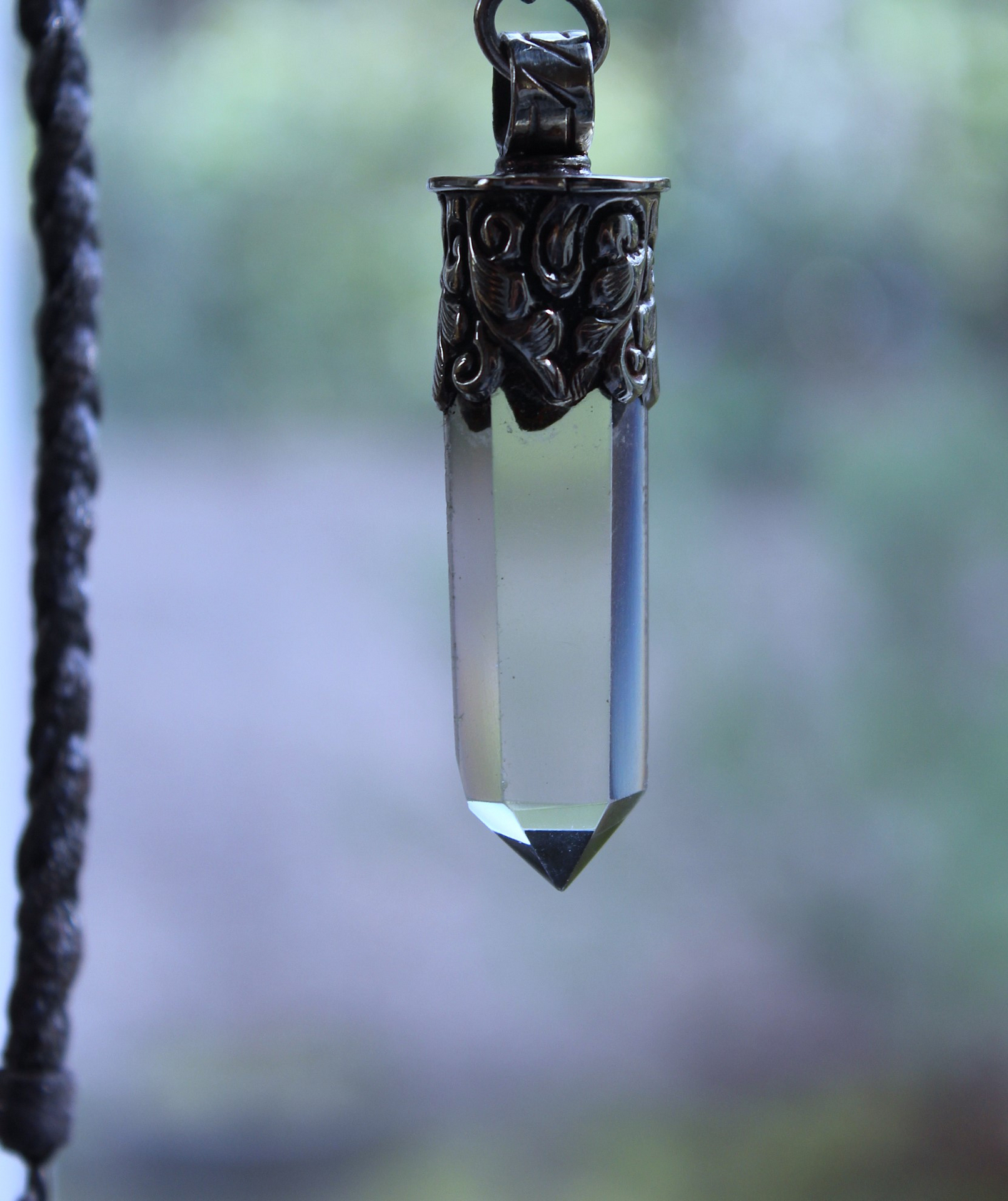 NEW! Antique French Braided Metal Thread Trim Necklace w/Silver Repousse Carved Bone Flaming Sacred Heart, Engraved Nun's Cross, Water Clear AAA Light Citrine Point