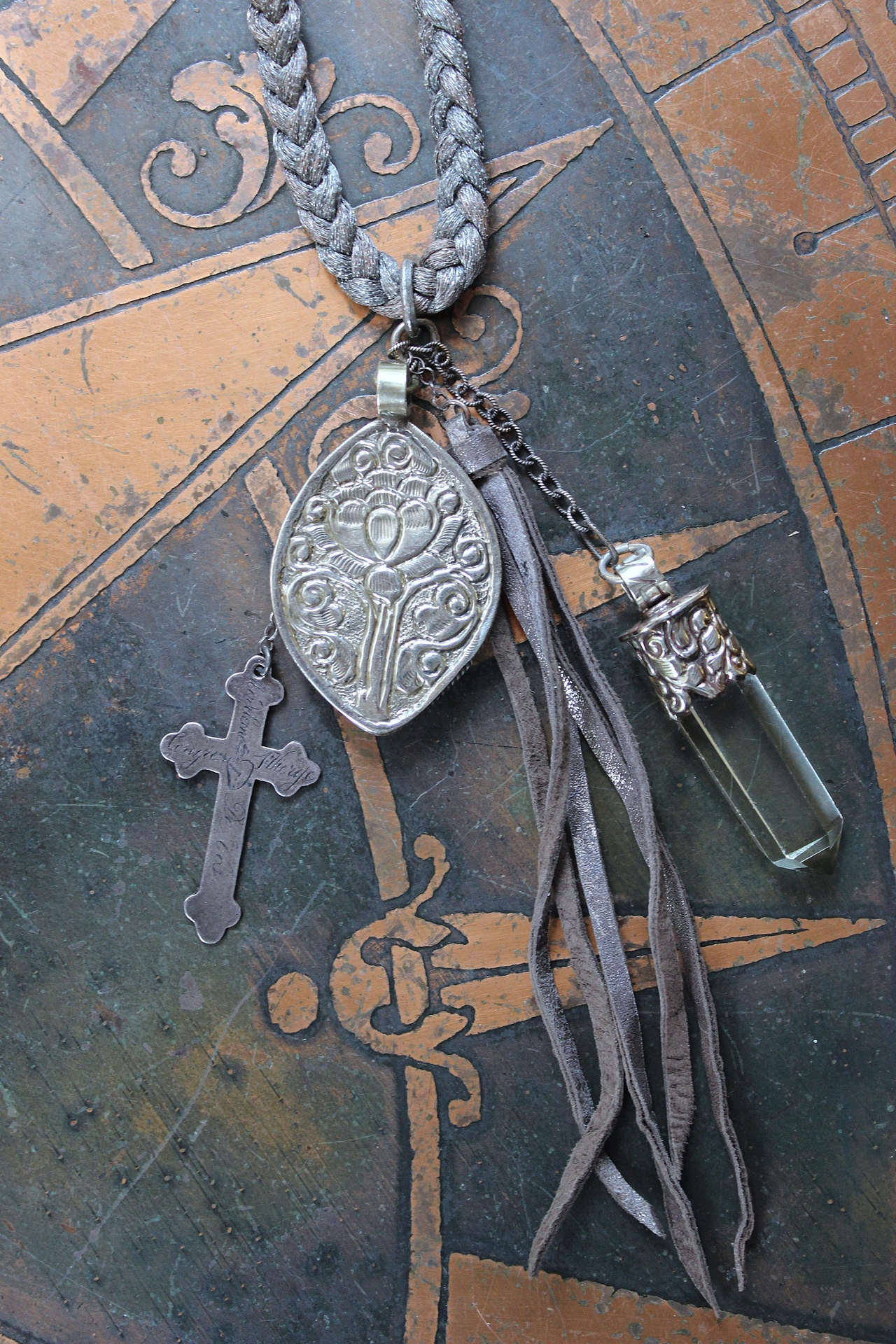 NEW! Antique French Braided Metal Thread Trim Necklace w/Silver Repousse Carved Bone Flaming Sacred Heart, Engraved Nun's Cross, Water Clear AAA Light Citrine Point