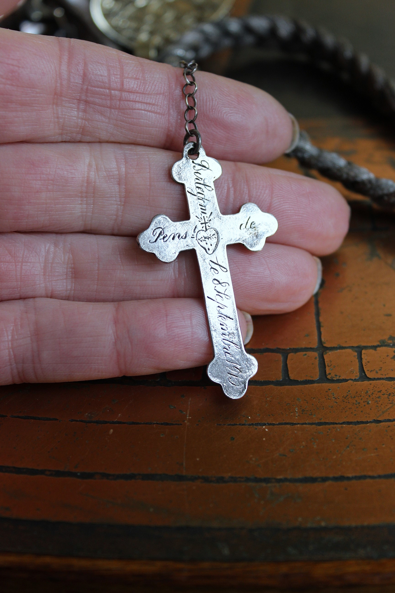 NEW! Antique French Braided Metal Thread Trim Necklace w/Silver Repousse Carved Bone Flaming Sacred Heart, Engraved Nun's Cross, Water Clear AAA Light Citrine Point