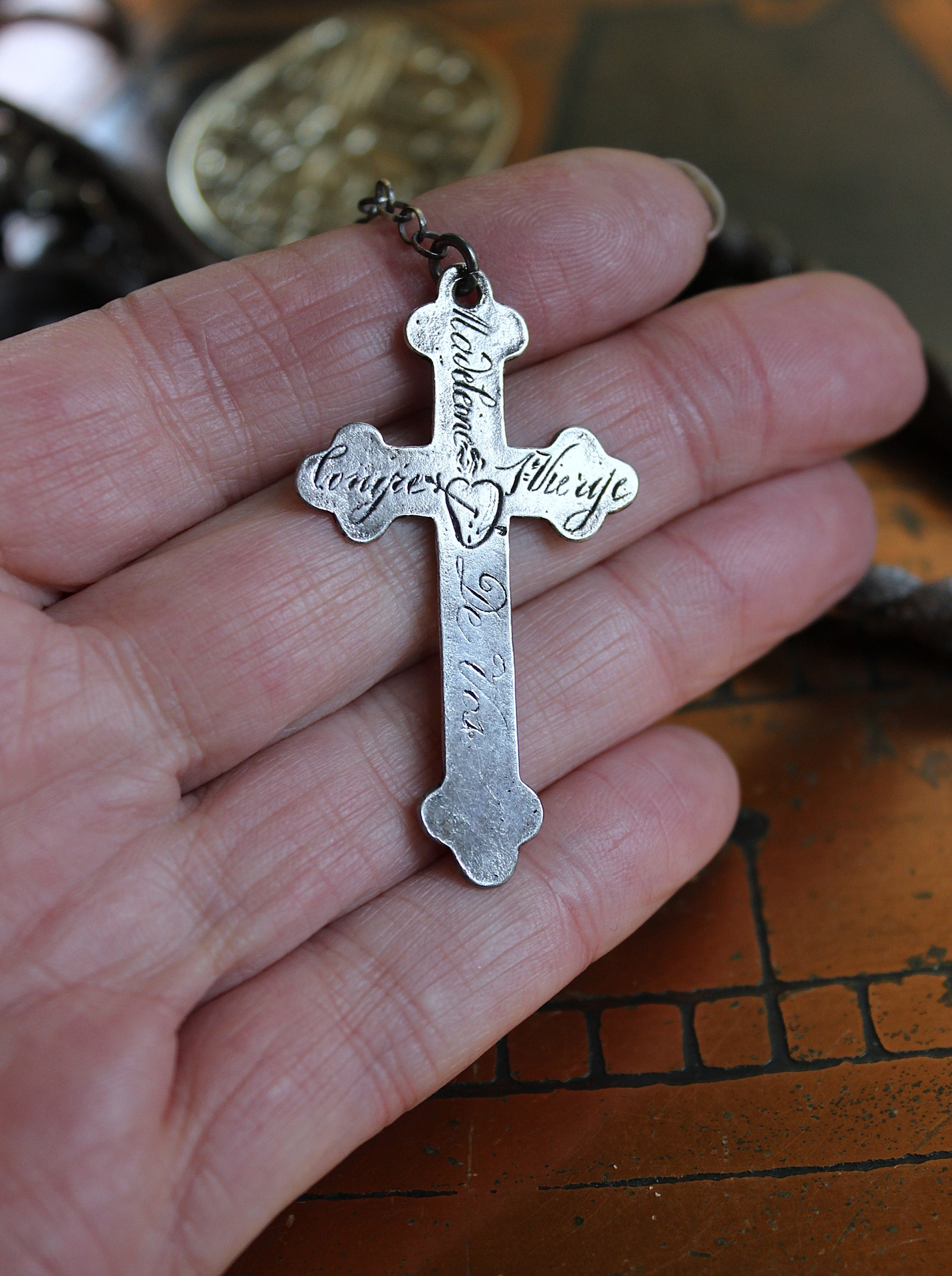 NEW! Antique French Braided Metal Thread Trim Necklace w/Silver Repousse Carved Bone Flaming Sacred Heart, Engraved Nun's Cross, Water Clear AAA Light Citrine Point