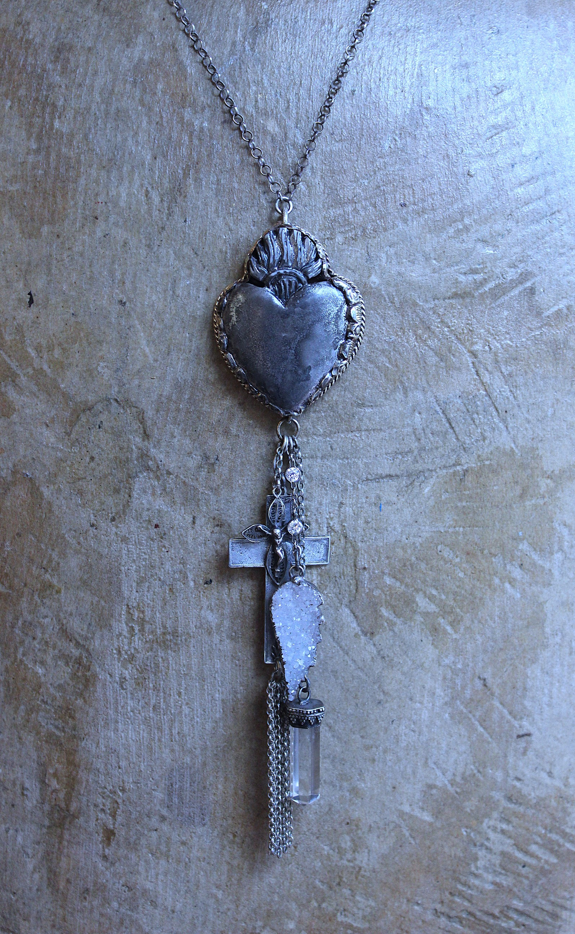 NEW! Unique Flaming Sacred Heart Pendant Necklace with Sterling Belcher Chain,Tiny Sterling Crucifix,Sterling Capped Clear Quartz Point & More!
