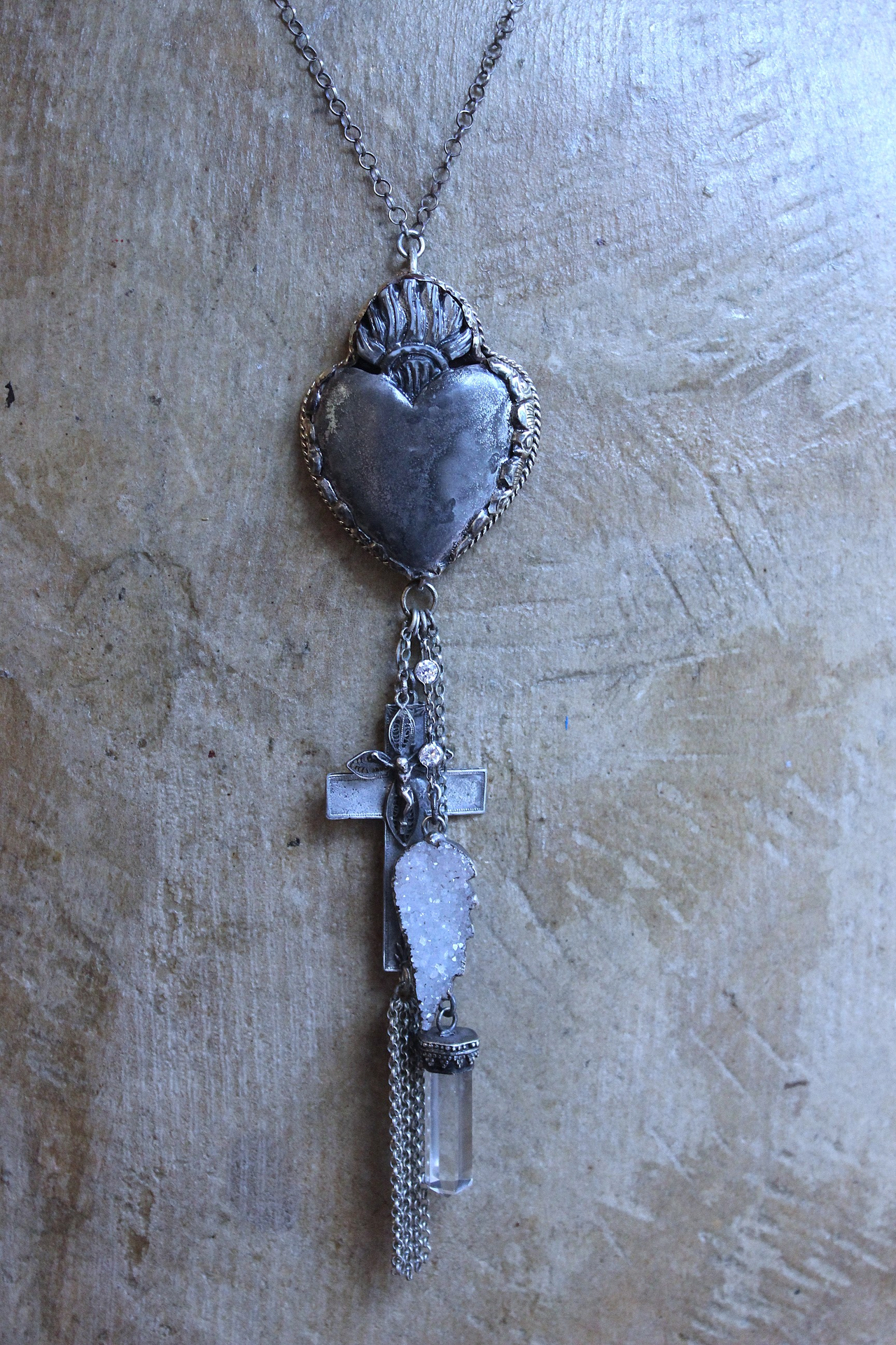 NEW! Unique Flaming Sacred Heart Pendant Necklace with Sterling Belcher Chain,Tiny Sterling Crucifix,Sterling Capped Clear Quartz Point & More!