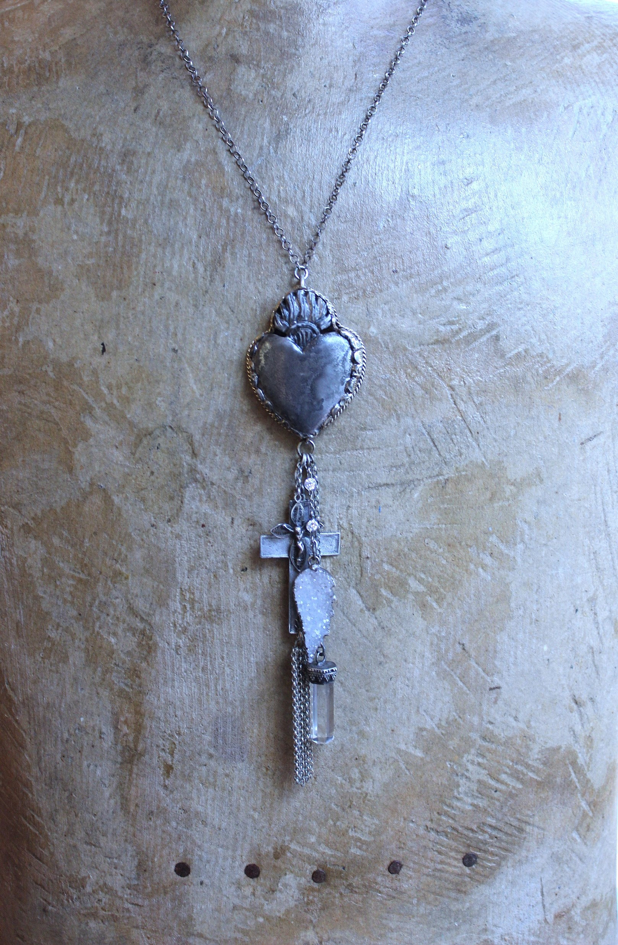 NEW! Unique Flaming Sacred Heart Pendant Necklace with Sterling Belcher Chain,Tiny Sterling Crucifix,Sterling Capped Clear Quartz Point & More!