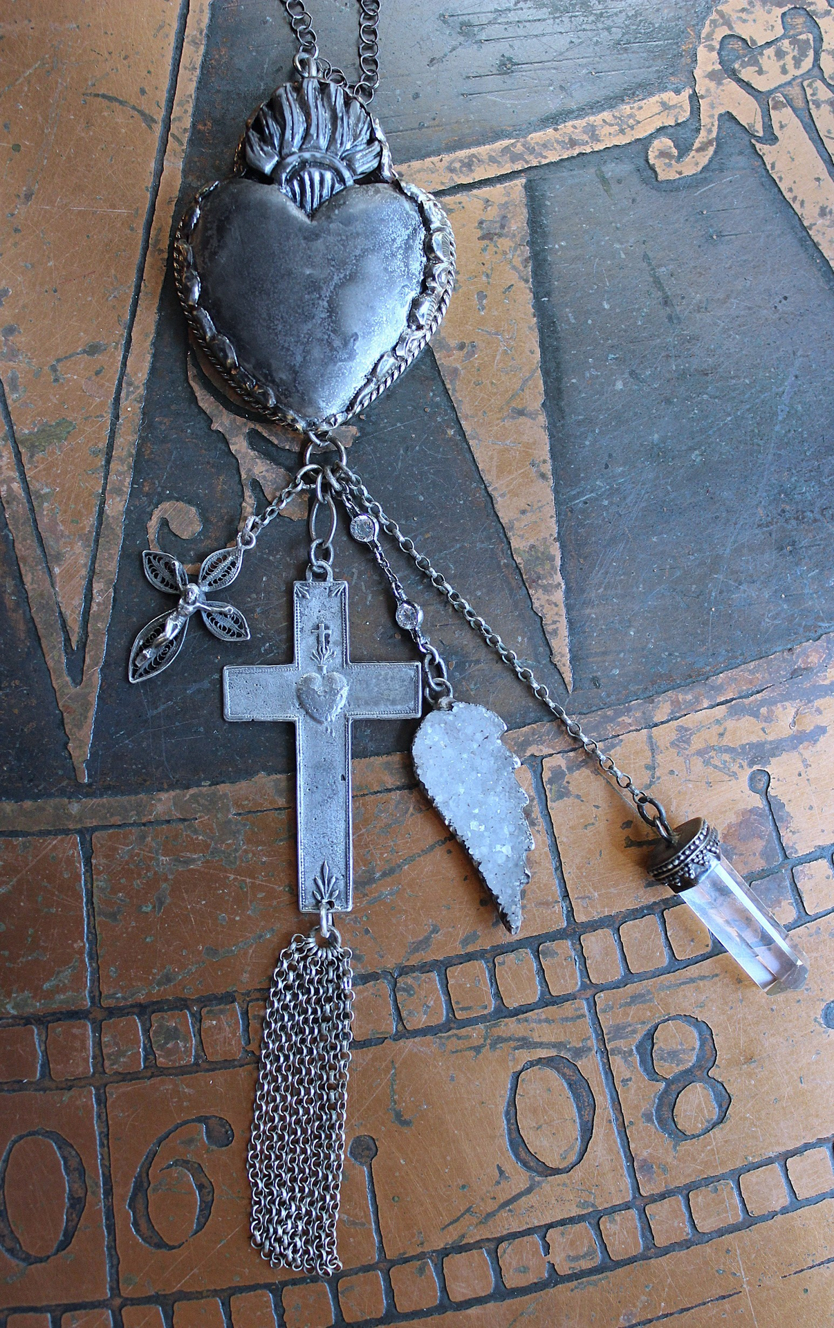 NEW! Unique Flaming Sacred Heart Pendant Necklace with Sterling Belcher Chain,Tiny Sterling Crucifix,Sterling Capped Clear Quartz Point & More!