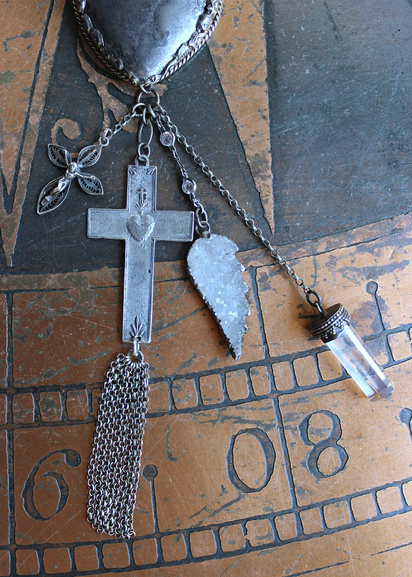 NEW! Unique Flaming Sacred Heart Pendant Necklace with Sterling Belcher Chain,Tiny Sterling Crucifix,Sterling Capped Clear Quartz Point & More!