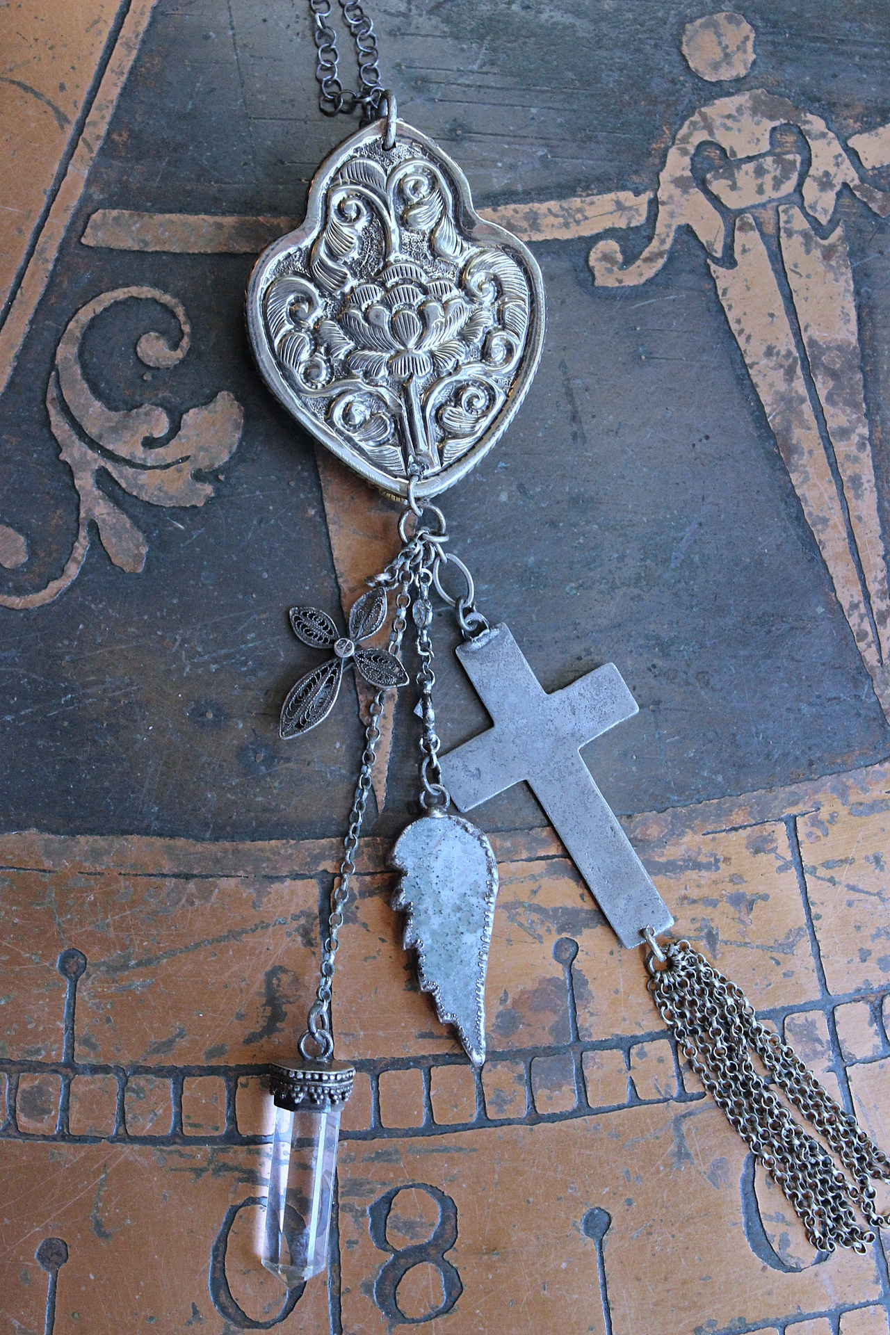 NEW! Unique Flaming Sacred Heart Pendant Necklace with Sterling Belcher Chain,Tiny Sterling Crucifix,Sterling Capped Clear Quartz Point & More!