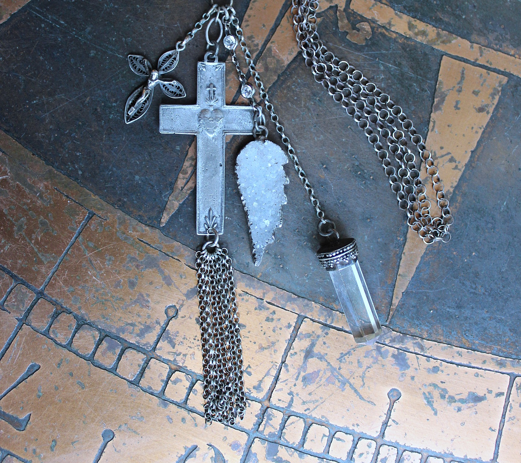 NEW! Unique Flaming Sacred Heart Pendant Necklace with Sterling Belcher Chain,Tiny Sterling Crucifix,Sterling Capped Clear Quartz Point & More!