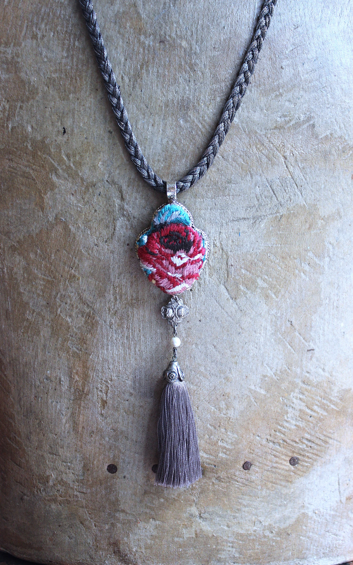 NEW! It Felt Love Necklace w/Embroidered Rose Heart Pendant,Antique Sterling Rose Medal,Antique Rose Capped Tassel & Antique Real Metal Braided Trim Chain