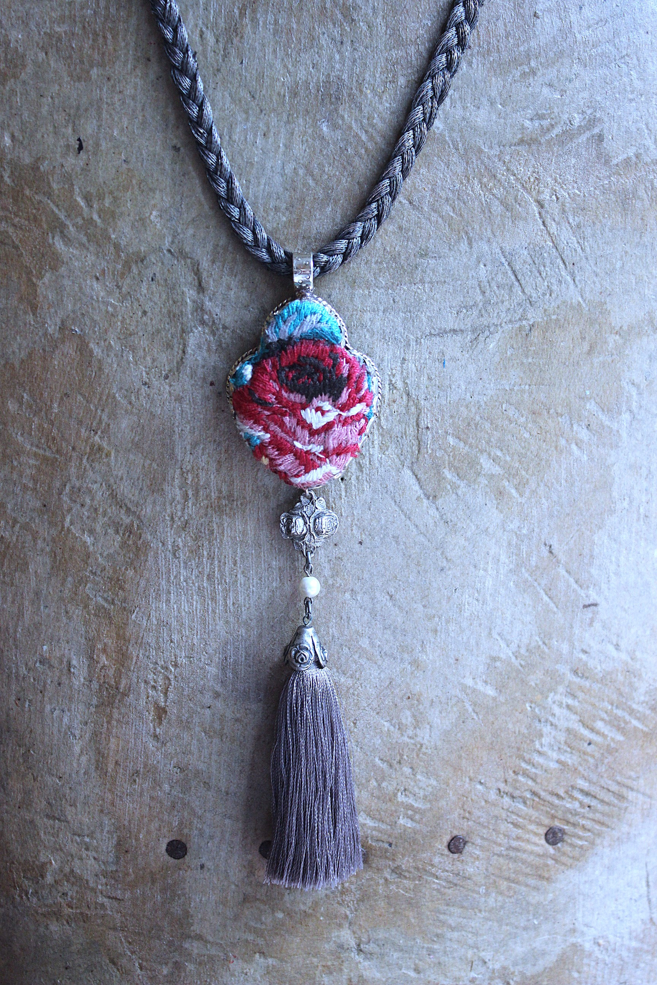 NEW! It Felt Love Necklace w/Embroidered Rose Heart Pendant,Antique Sterling Rose Medal,Antique Rose Capped Tassel & Antique Real Metal Braided Trim Chain