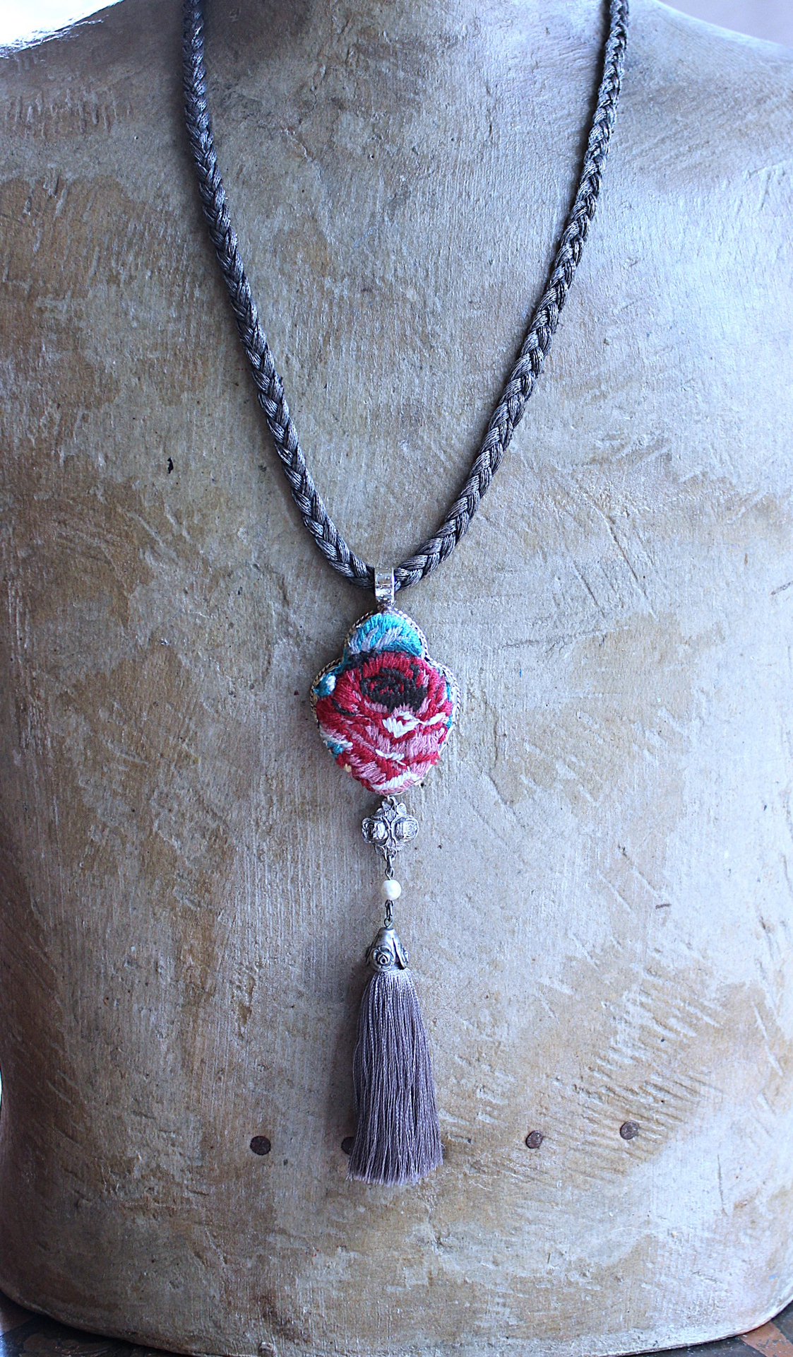 NEW! It Felt Love Necklace w/Embroidered Rose Heart Pendant,Antique Sterling Rose Medal,Antique Rose Capped Tassel & Antique Real Metal Braided Trim Chain
