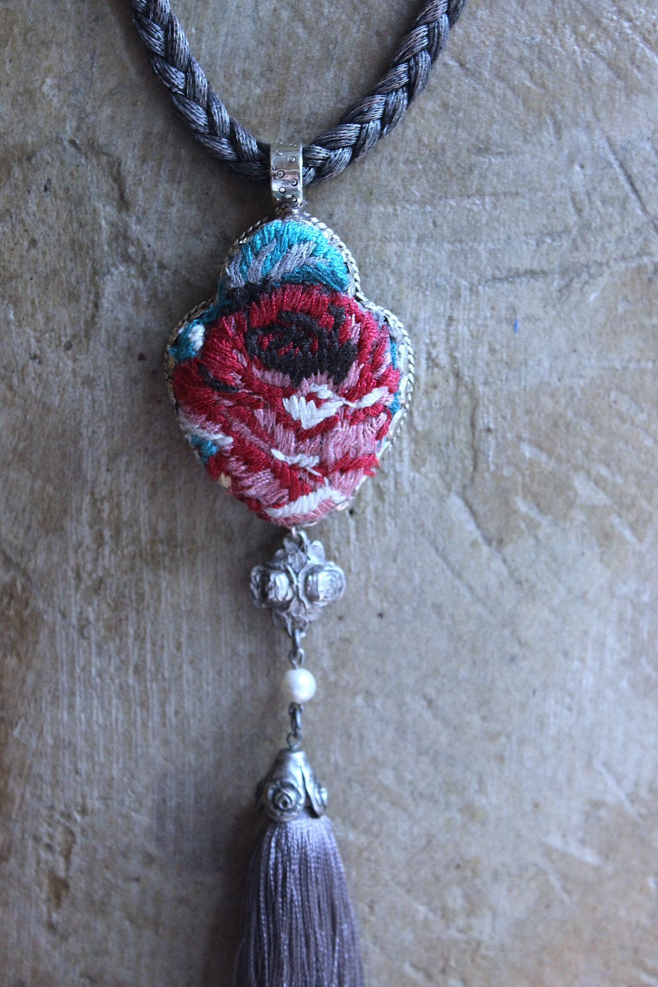 NEW! It Felt Love Necklace w/Embroidered Rose Heart Pendant,Antique Sterling Rose Medal,Antique Rose Capped Tassel & Antique Real Metal Braided Trim Chain