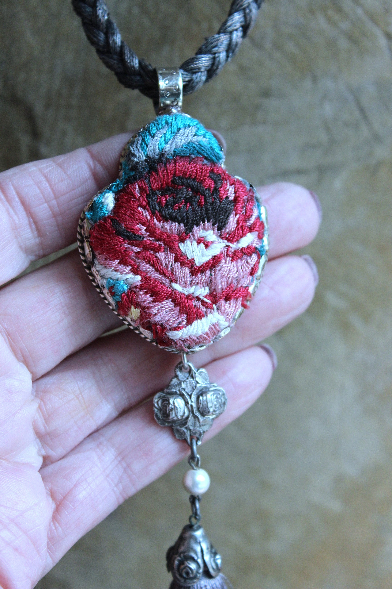 NEW! It Felt Love Necklace w/Embroidered Rose Heart Pendant,Antique Sterling Rose Medal,Antique Rose Capped Tassel & Antique Real Metal Braided Trim Chain