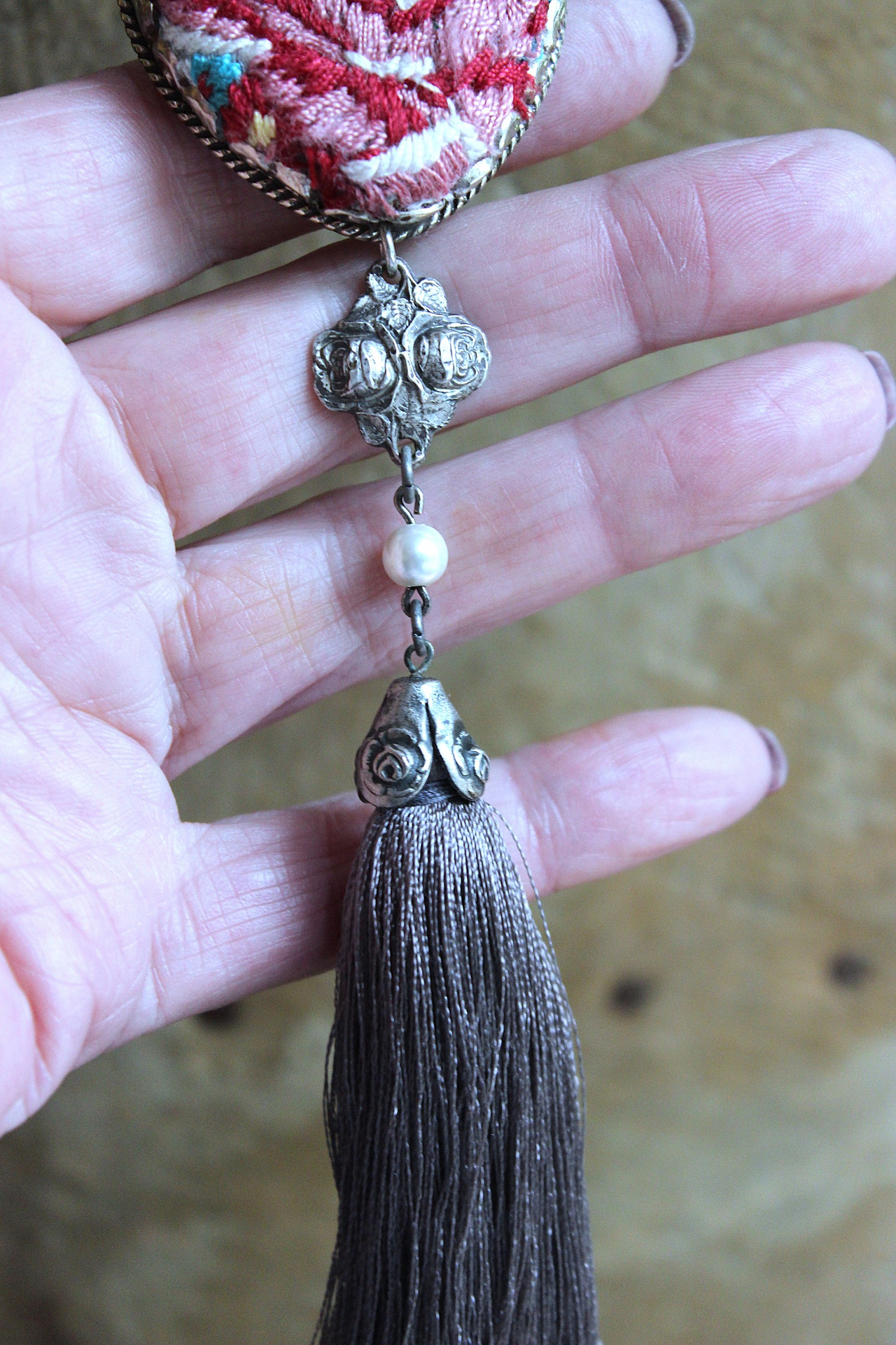 NEW! It Felt Love Necklace w/Embroidered Rose Heart Pendant,Antique Sterling Rose Medal,Antique Rose Capped Tassel & Antique Real Metal Braided Trim Chain