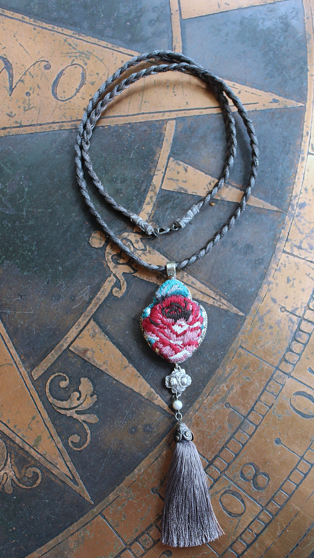 NEW! It Felt Love Necklace w/Embroidered Rose Heart Pendant,Antique Sterling Rose Medal,Antique Rose Capped Tassel & Antique Real Metal Braided Trim Chain