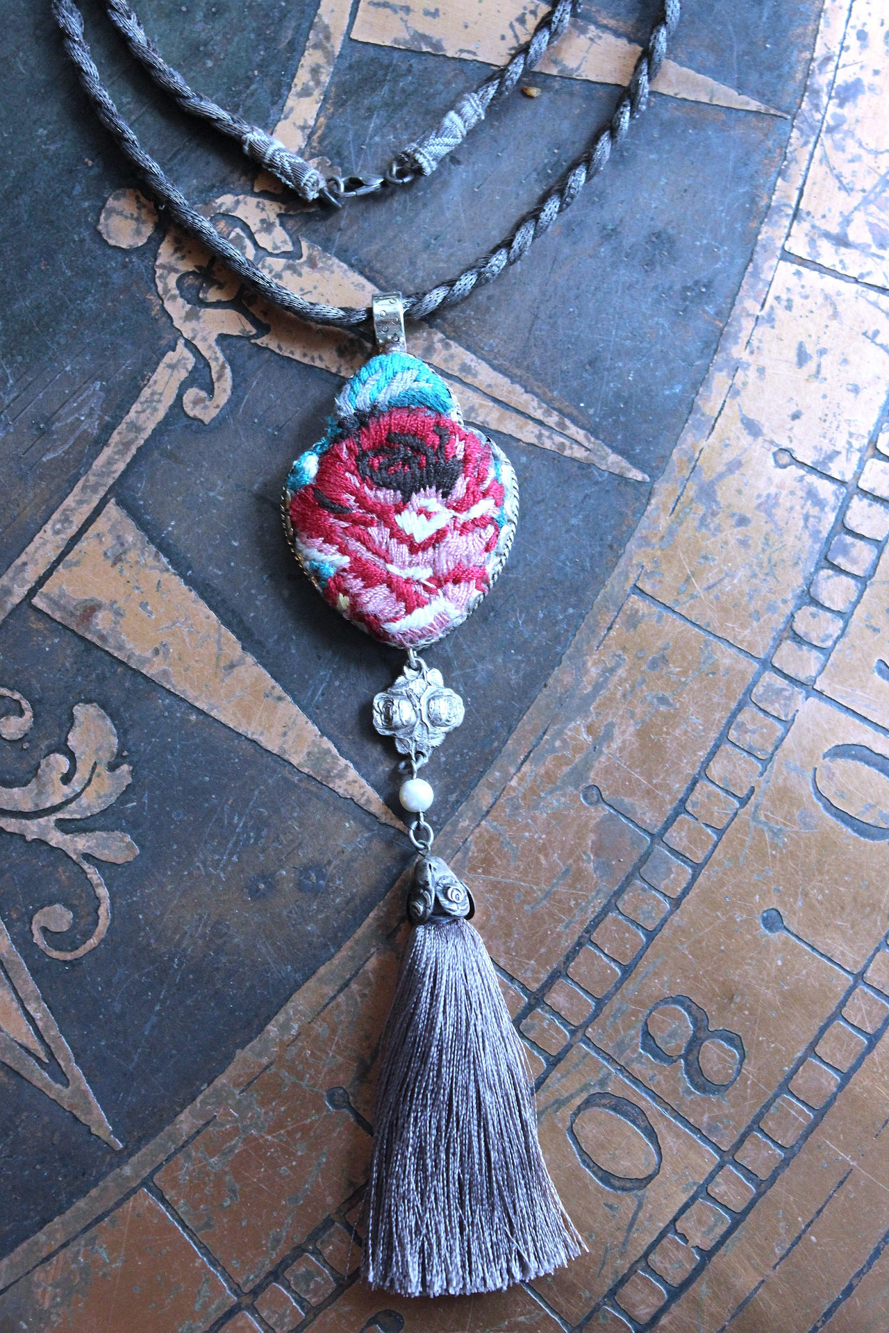 NEW! It Felt Love Necklace w/Embroidered Rose Heart Pendant,Antique Sterling Rose Medal,Antique Rose Capped Tassel & Antique Real Metal Braided Trim Chain