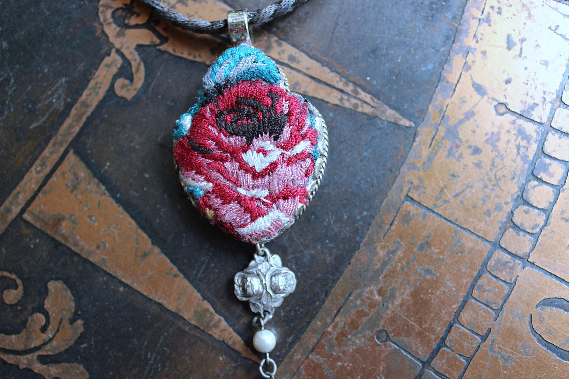 NEW! It Felt Love Necklace w/Embroidered Rose Heart Pendant,Antique Sterling Rose Medal,Antique Rose Capped Tassel & Antique Real Metal Braided Trim Chain