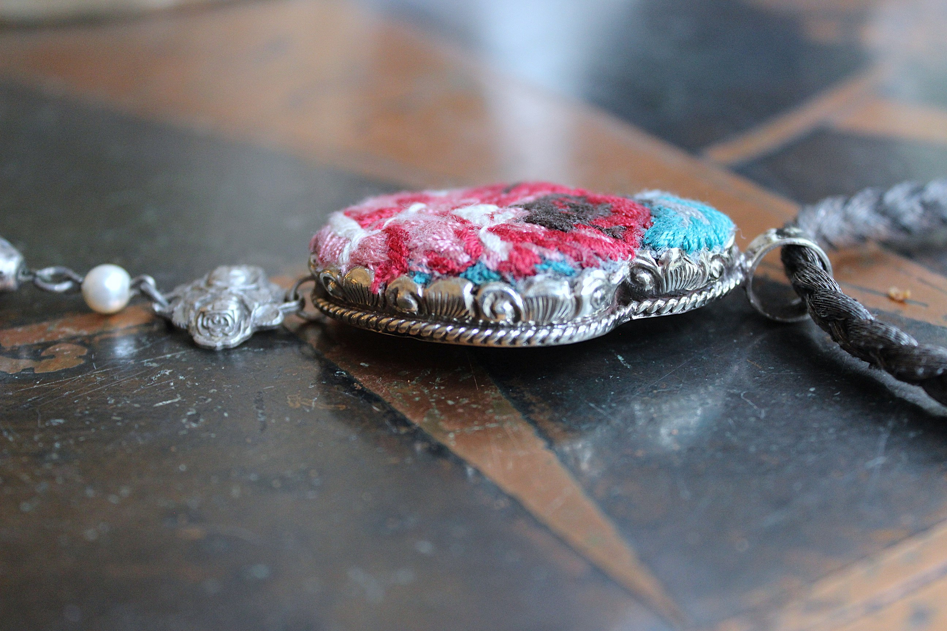 NEW! It Felt Love Necklace w/Embroidered Rose Heart Pendant,Antique Sterling Rose Medal,Antique Rose Capped Tassel & Antique Real Metal Braided Trim Chain