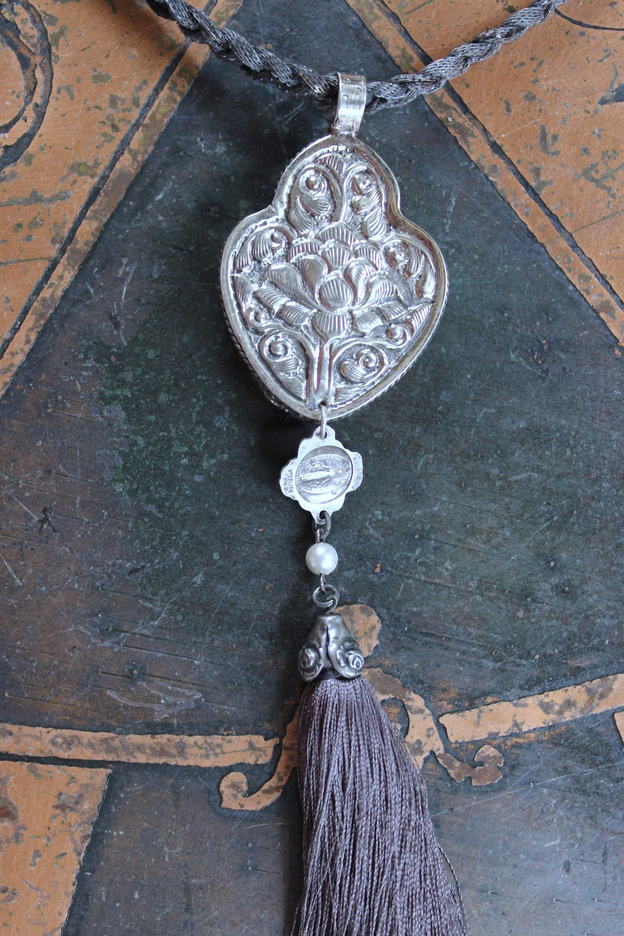 NEW! It Felt Love Necklace w/Embroidered Rose Heart Pendant,Antique Sterling Rose Medal,Antique Rose Capped Tassel & Antique Real Metal Braided Trim Chain