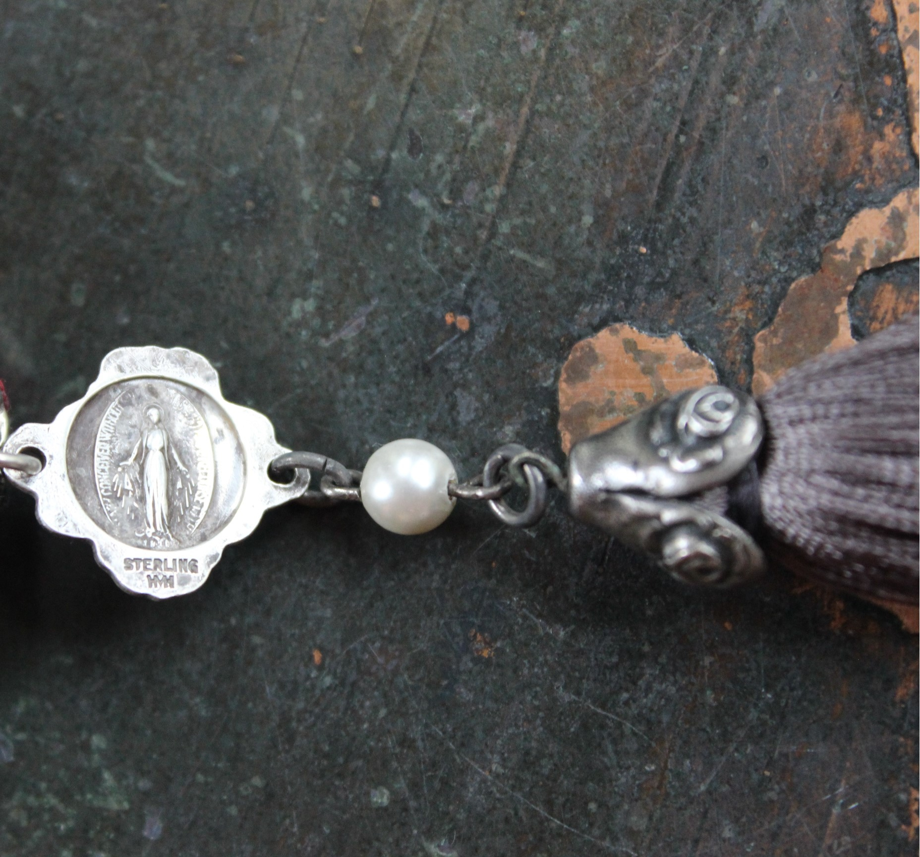 NEW! It Felt Love Necklace w/Embroidered Rose Heart Pendant,Antique Sterling Rose Medal,Antique Rose Capped Tassel & Antique Real Metal Braided Trim Chain