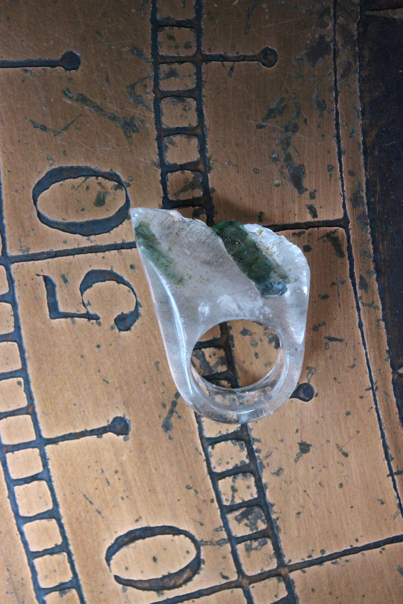 NEW! Rare Antique Clear Rock Quartz and Green Barrel Tourmaline Ring - size 8