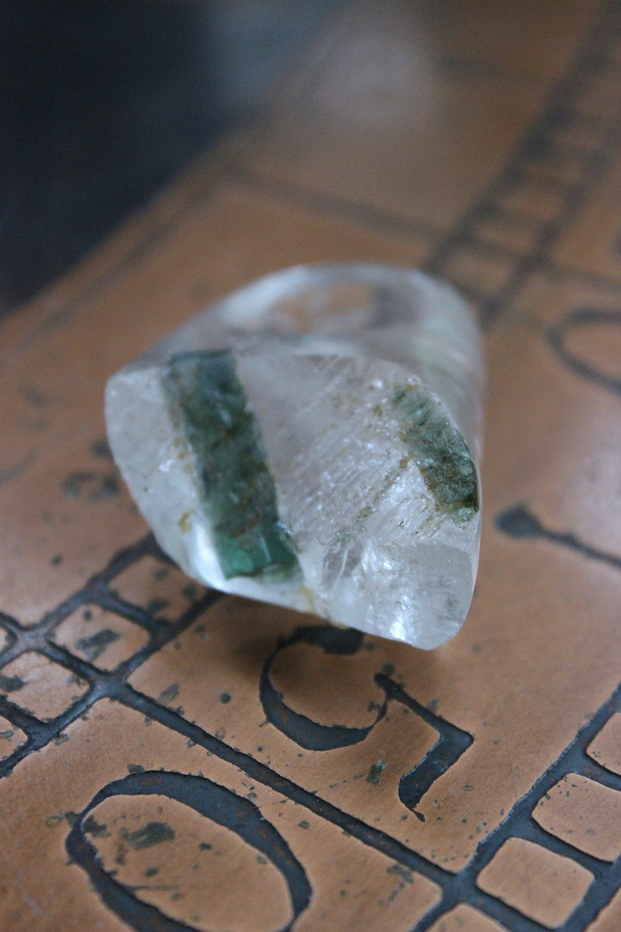 NEW! Rare Antique Clear Rock Quartz and Green Barrel Tourmaline Ring - size 8