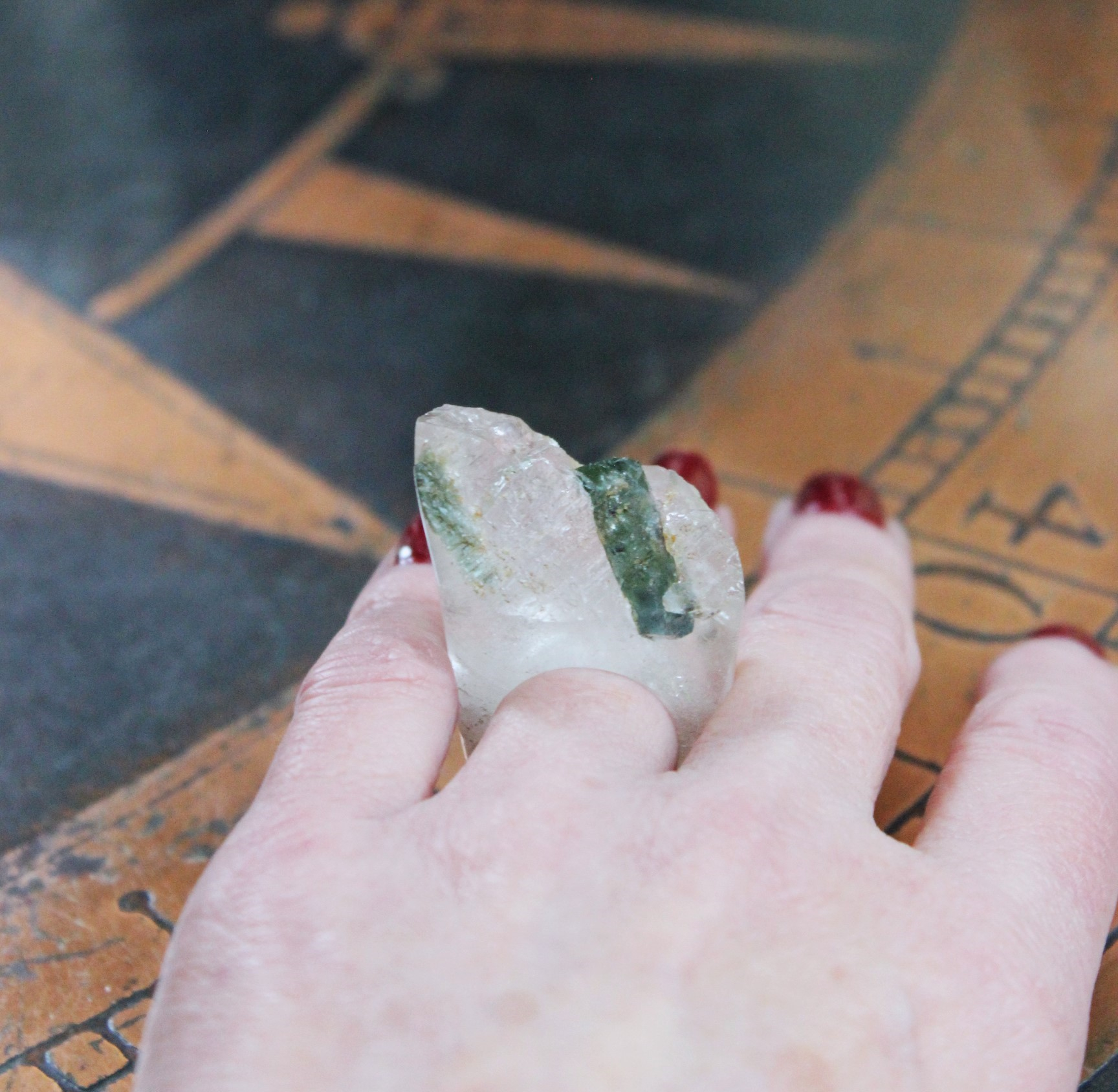 NEW! Rare Antique Clear Rock Quartz and Green Barrel Tourmaline Ring - size 8