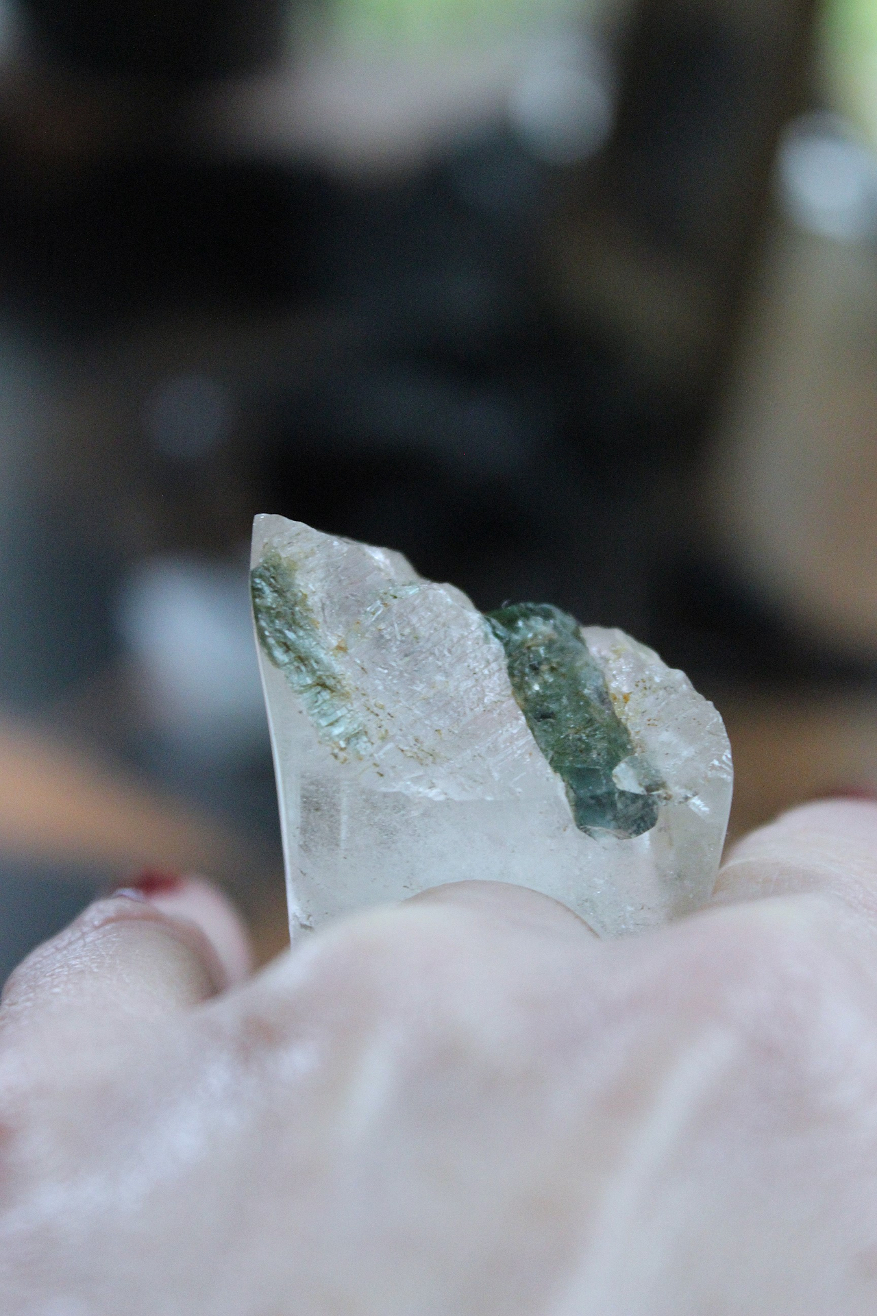 NEW! Rare Antique Clear Rock Quartz and Green Barrel Tourmaline Ring - size 8