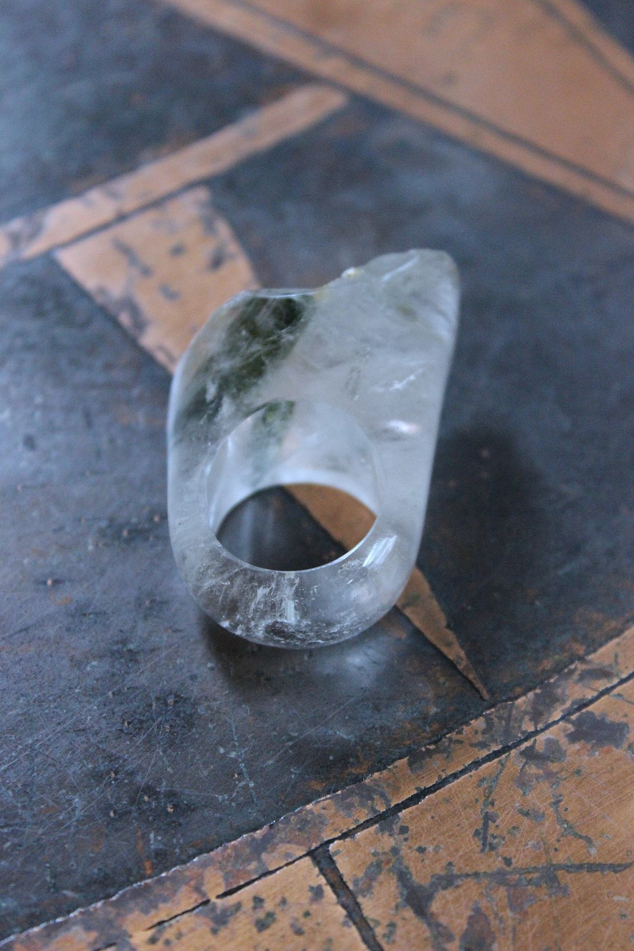 NEW! Rare Antique Clear Rock Quartz and Green Barrel Tourmaline Ring - size 8