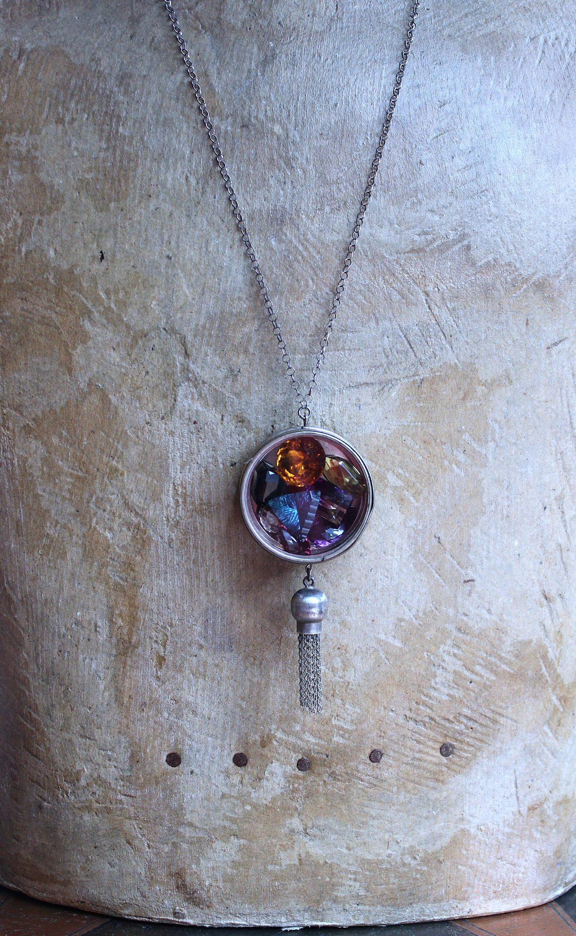 NEW! Rare Gem Collection Necklace with 9 Faceted Gemstones,Antique Pocket Watch Case, Sterling Belcher Chain and Sterling Tassel