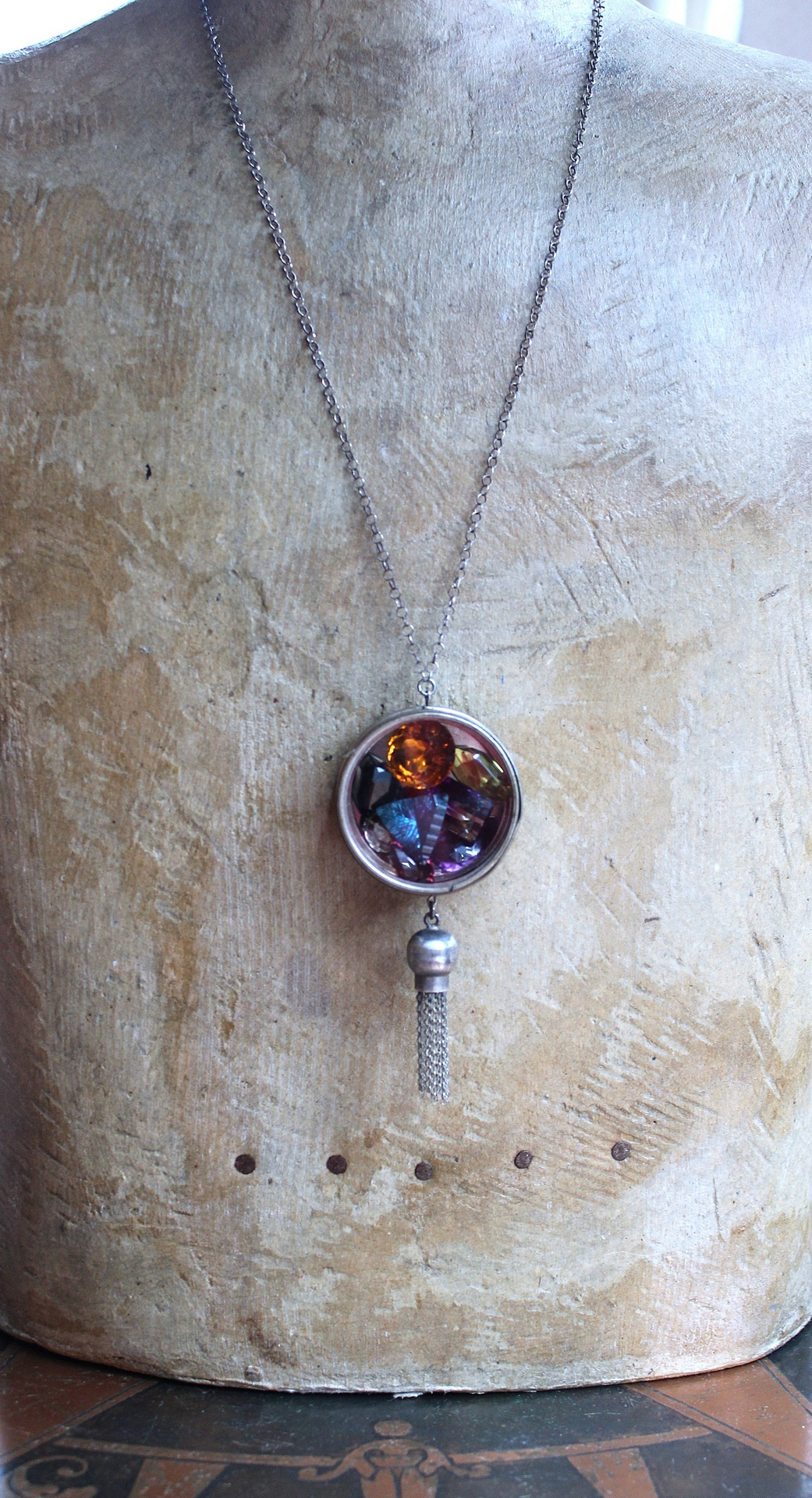 NEW! Rare Gem Collection Necklace with 9 Faceted Gemstones,Antique Pocket Watch Case, Sterling Belcher Chain and Sterling Tassel