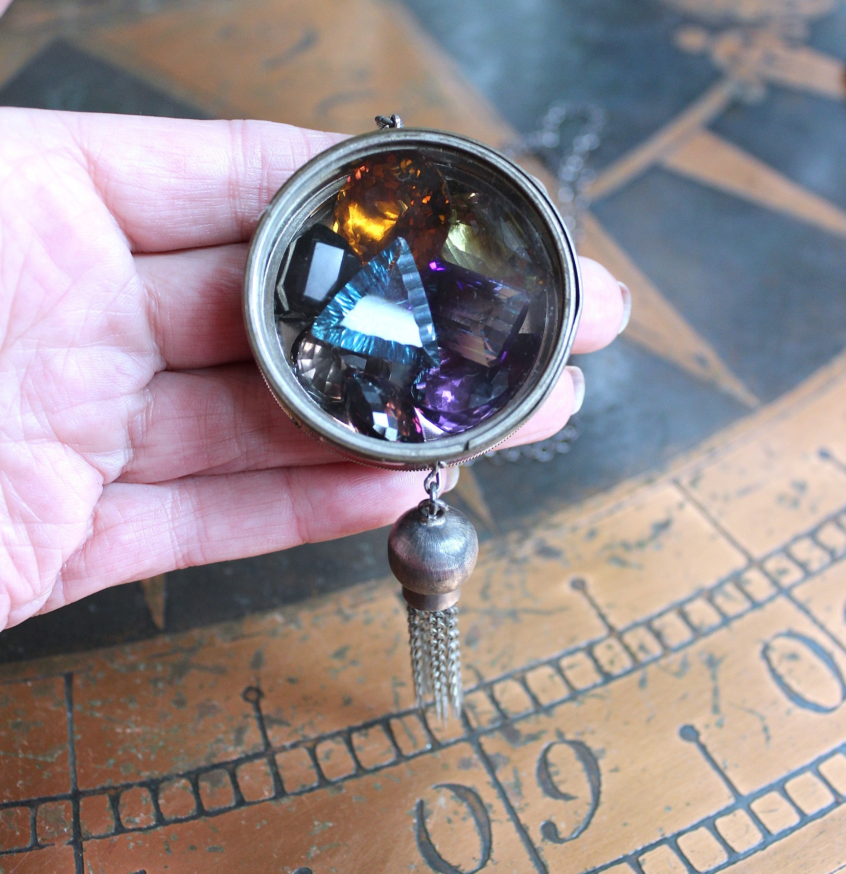 NEW! Rare Gem Collection Necklace with 9 Faceted Gemstones,Antique Pocket Watch Case, Sterling Belcher Chain and Sterling Tassel