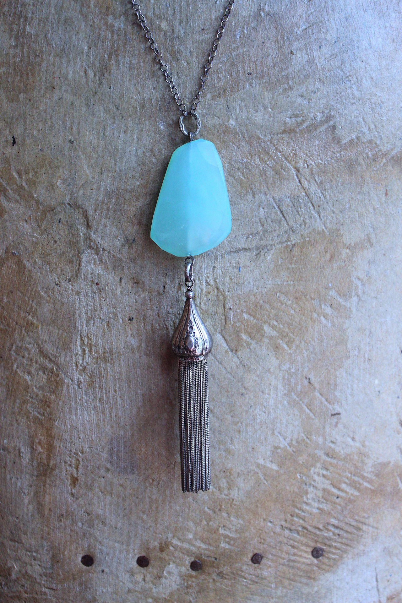 NEW! Checkerboard Faceted Peruvian Opal Pendant Necklace with Unusual Silver Tassel & Belcher Chain