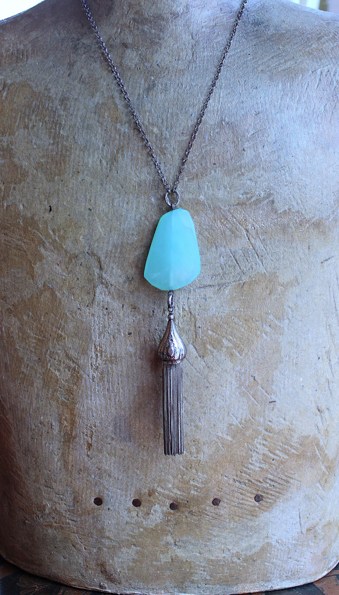 NEW! Checkerboard Faceted Peruvian Opal Pendant Necklace with Unusual Silver Tassel & Belcher Chain