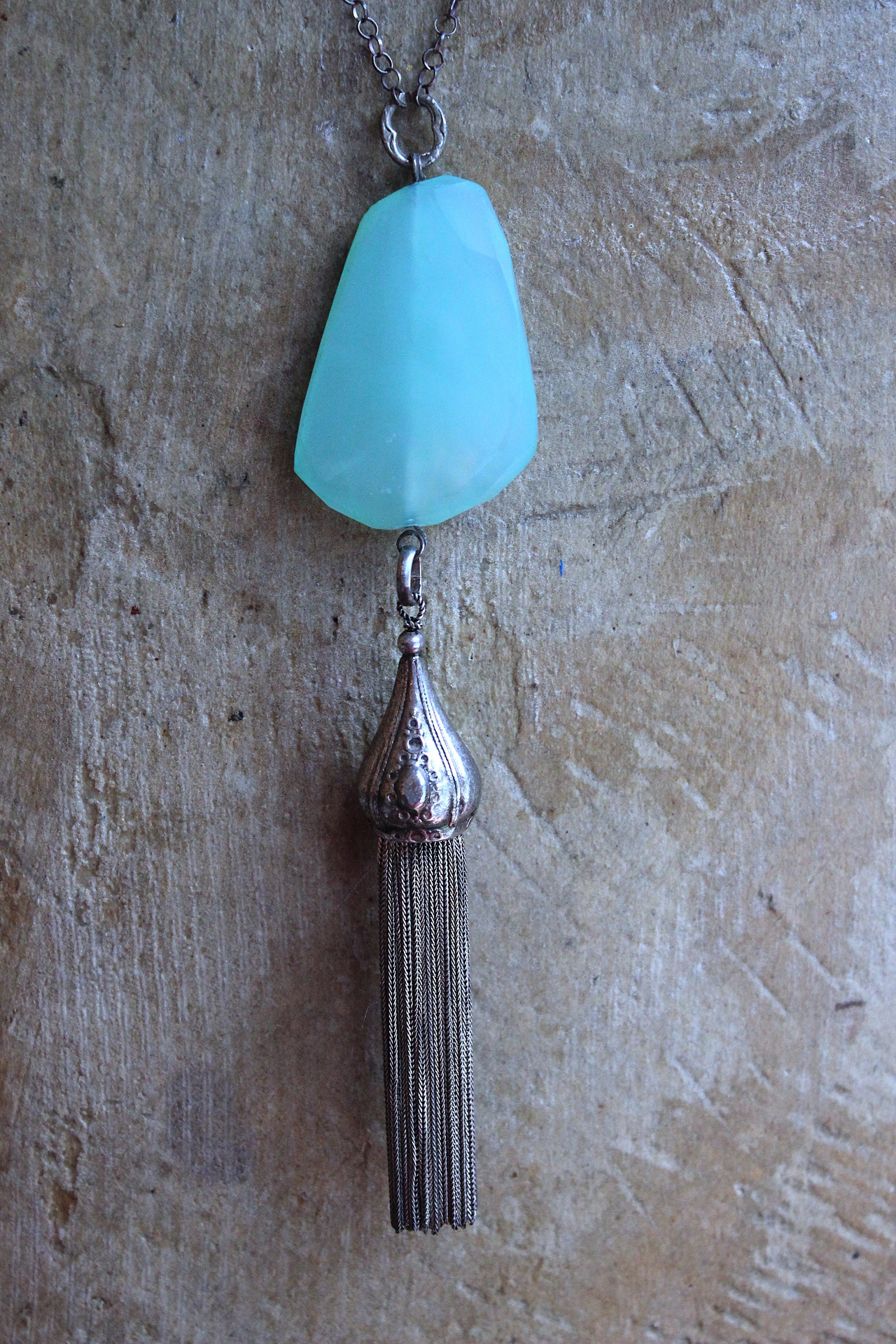 NEW! Checkerboard Faceted Peruvian Opal Pendant Necklace with Unusual Silver Tassel & Belcher Chain