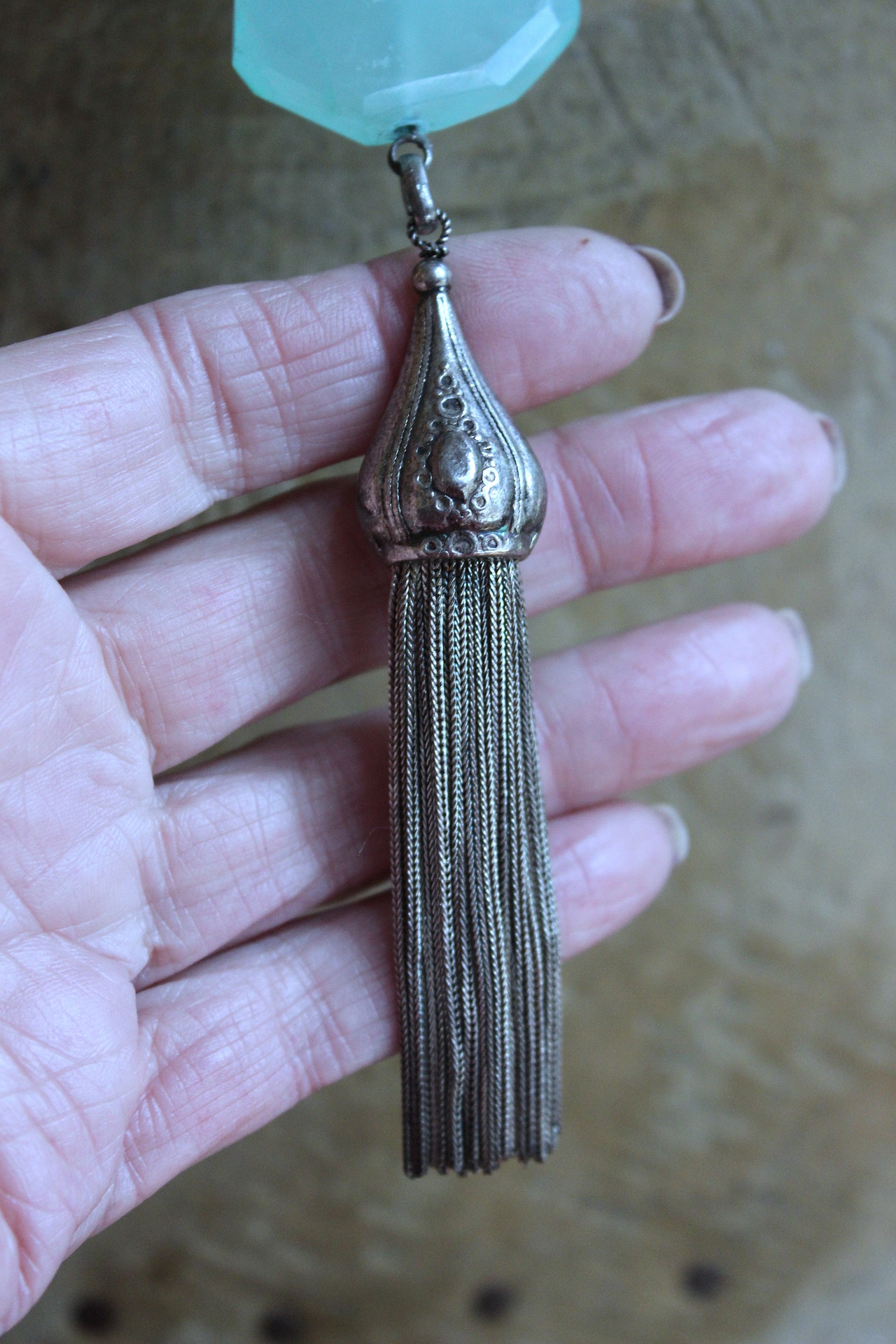 NEW! Checkerboard Faceted Peruvian Opal Pendant Necklace with Unusual Silver Tassel & Belcher Chain