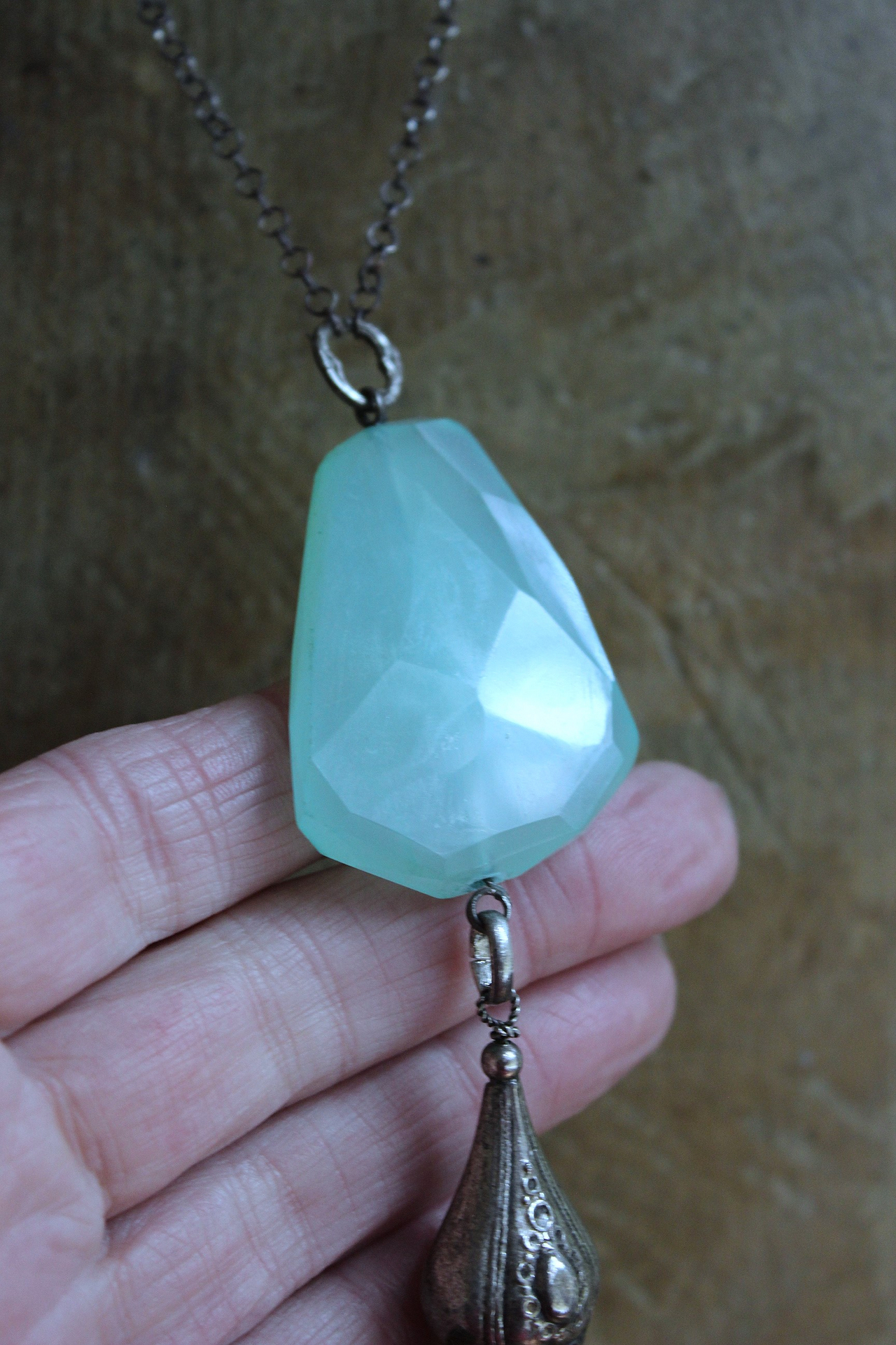 NEW! Checkerboard Faceted Peruvian Opal Pendant Necklace with Unusual Silver Tassel & Belcher Chain