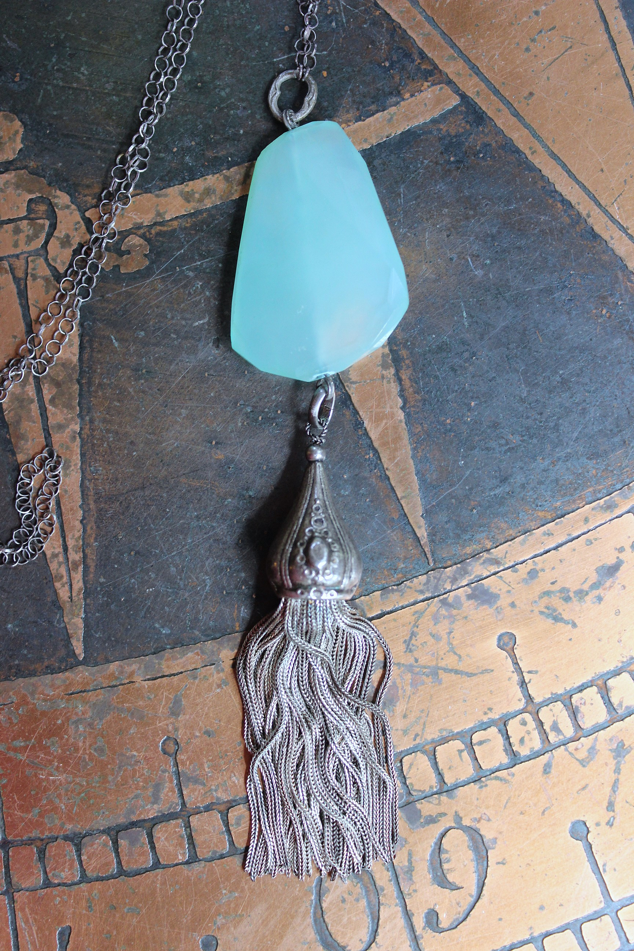 NEW! Checkerboard Faceted Peruvian Opal Pendant Necklace with Unusual Silver Tassel & Belcher Chain