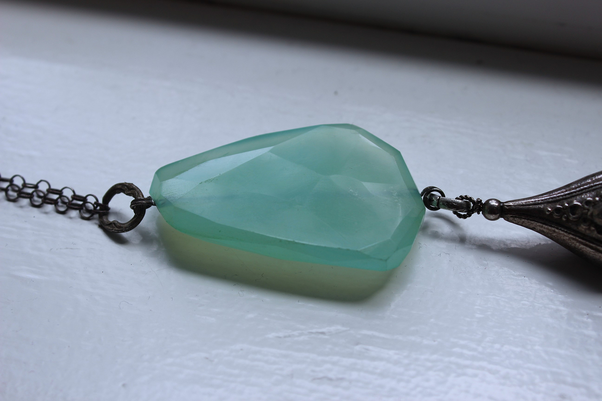 NEW! Checkerboard Faceted Peruvian Opal Pendant Necklace with Unusual Silver Tassel & Belcher Chain