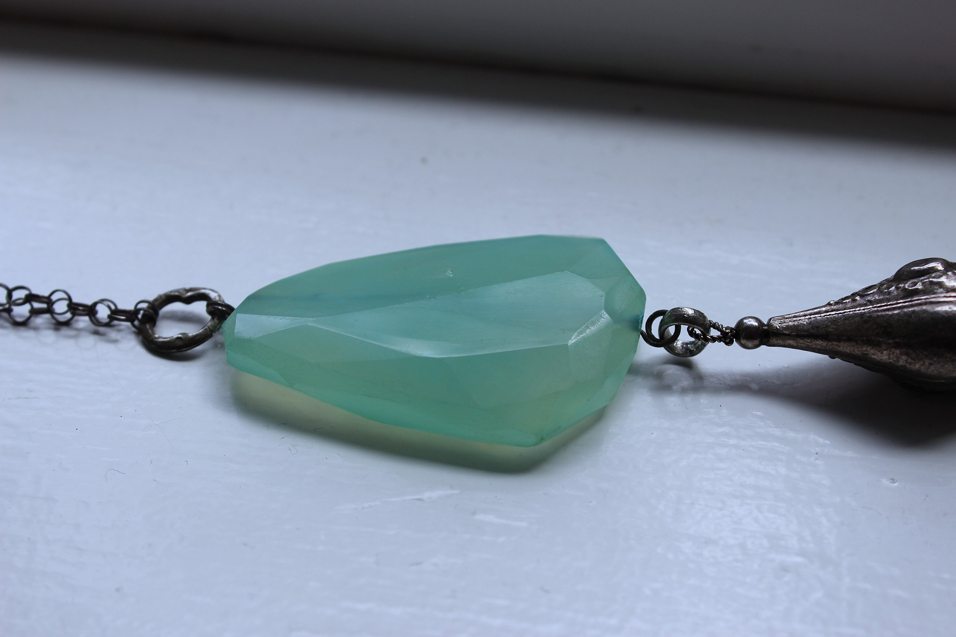 NEW! Checkerboard Faceted Peruvian Opal Pendant Necklace with Unusual Silver Tassel & Belcher Chain