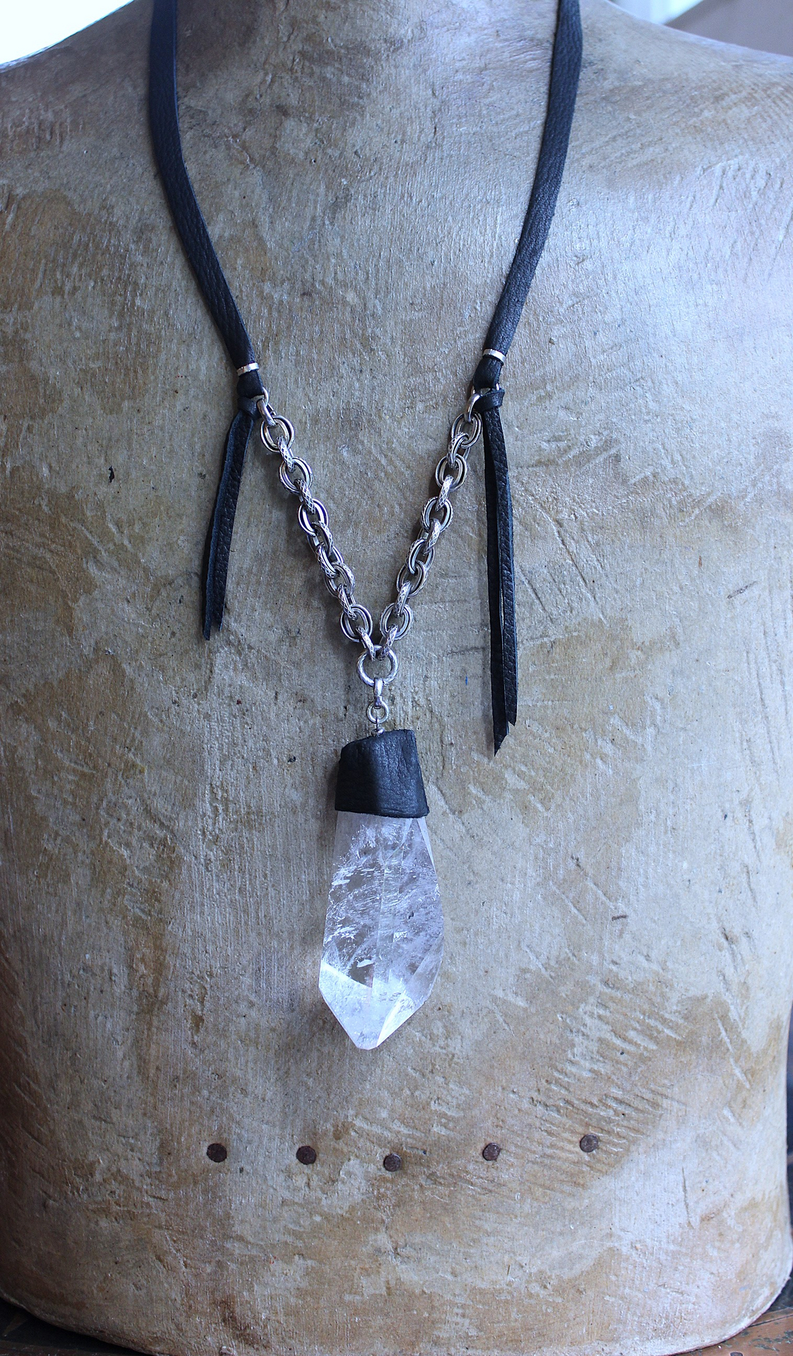 NEW! Amazing Free Form Clear Ghost Quartz Pendant Necklace with Embossed Silver Chain, Premium Black Suede Leather Cap & Ties