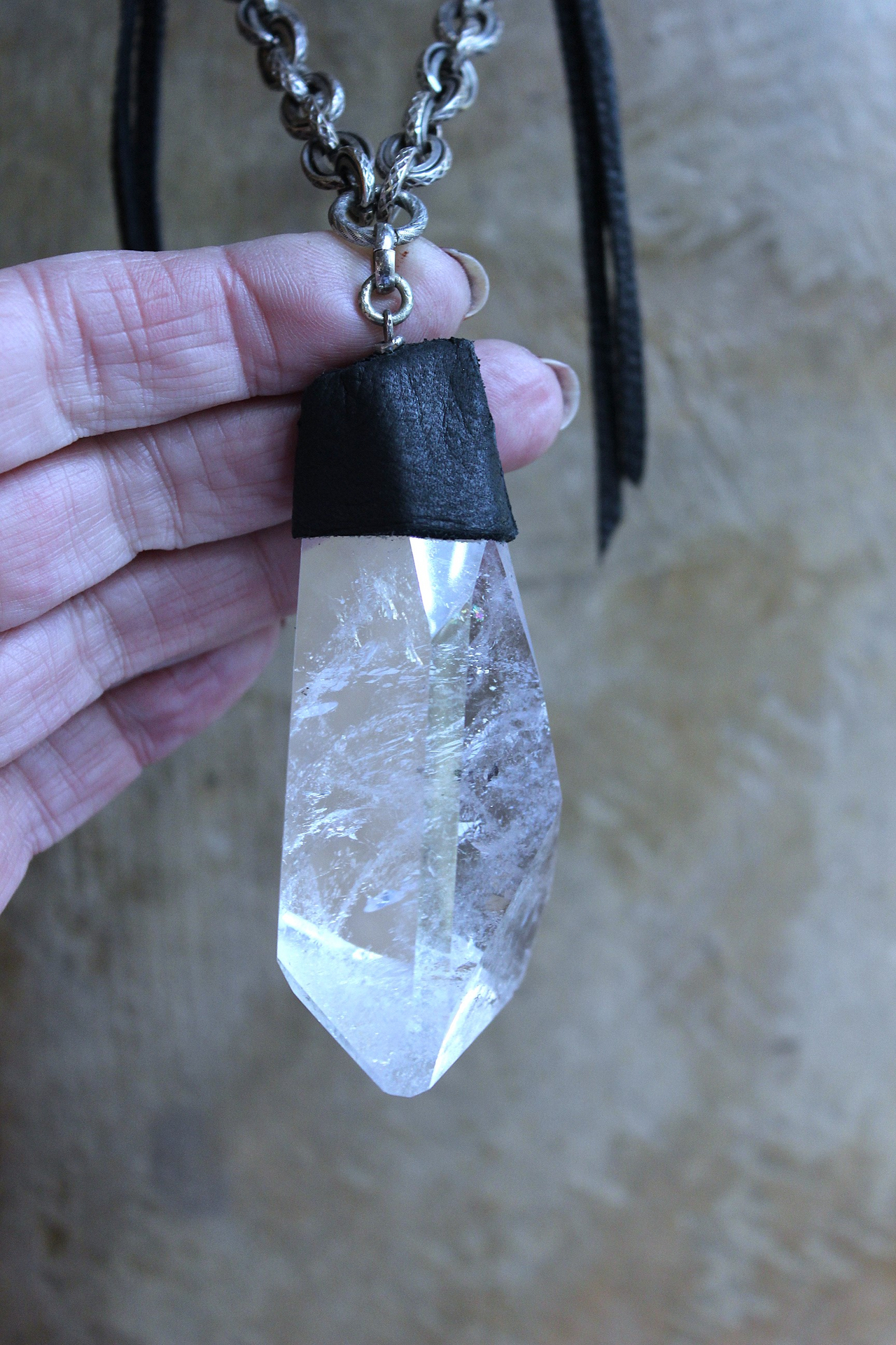 NEW! Amazing Free Form Clear Ghost Quartz Pendant Necklace with Embossed Silver Chain, Premium Black Suede Leather Cap & Ties