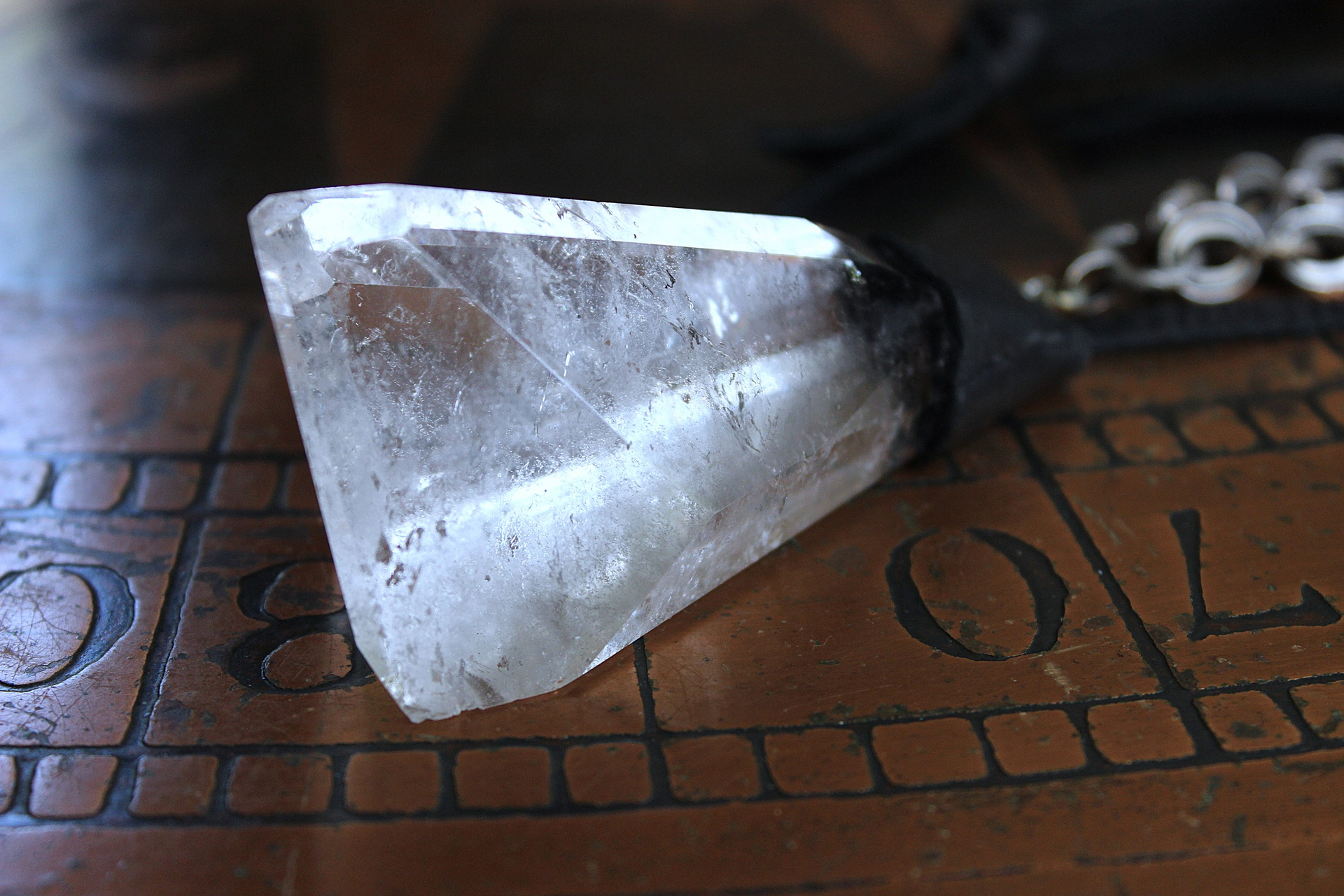 NEW! Amazing Free Form Clear Ghost Quartz Pendant Necklace with Embossed Silver Chain, Premium Black Suede Leather Cap & Ties