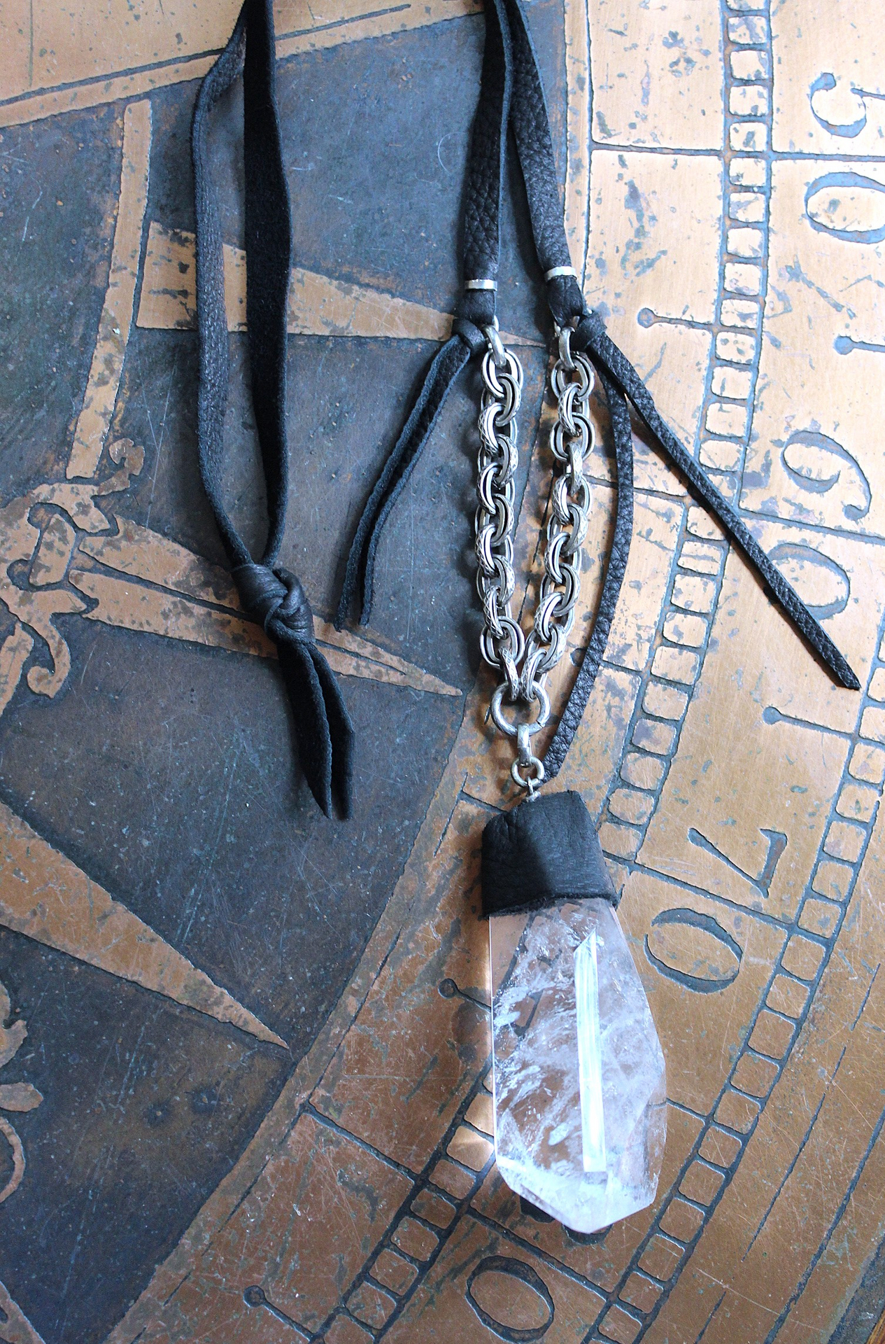 NEW! Amazing Free Form Clear Ghost Quartz Pendant Necklace with Embossed Silver Chain, Premium Black Suede Leather Cap & Ties