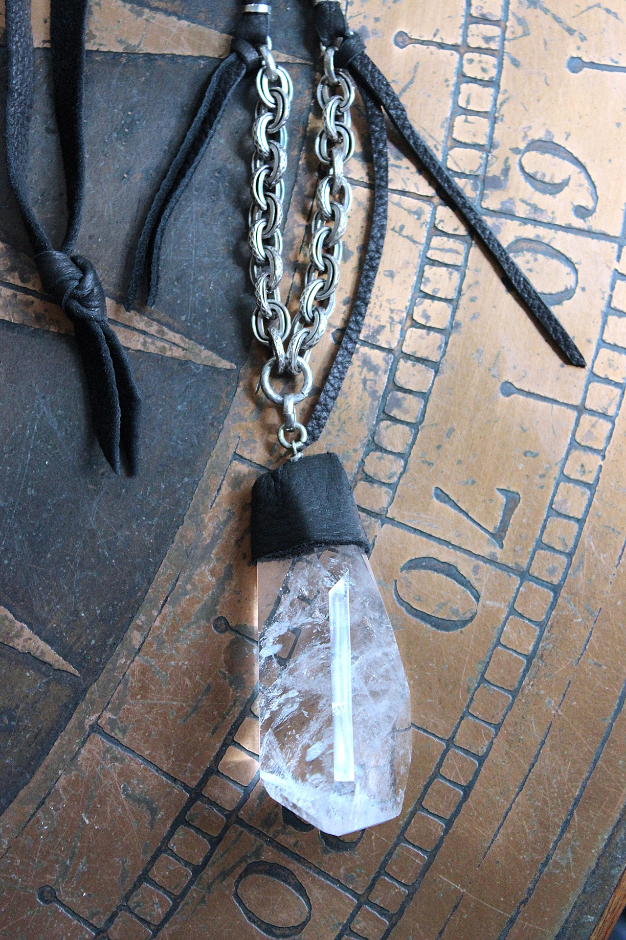 NEW! Amazing Free Form Clear Ghost Quartz Pendant Necklace with Embossed Silver Chain, Premium Black Suede Leather Cap & Ties