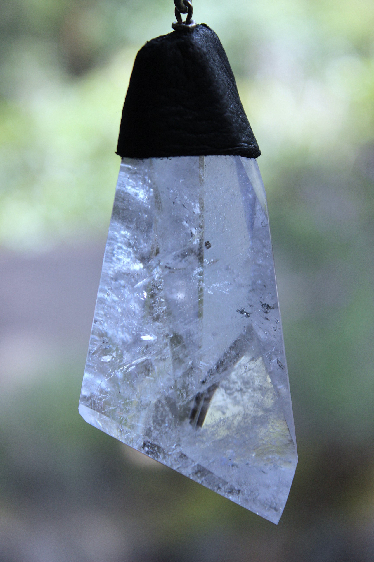 NEW! Amazing Free Form Clear Ghost Quartz Pendant Necklace with Embossed Silver Chain, Premium Black Suede Leather Cap & Ties