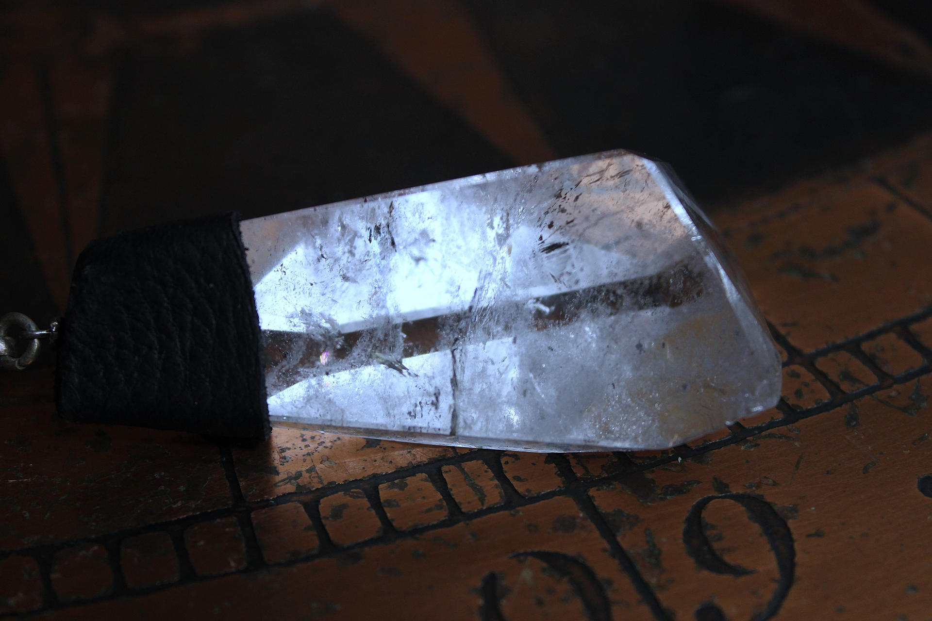 NEW! Amazing Free Form Clear Ghost Quartz Pendant Necklace with Embossed Silver Chain, Premium Black Suede Leather Cap & Ties