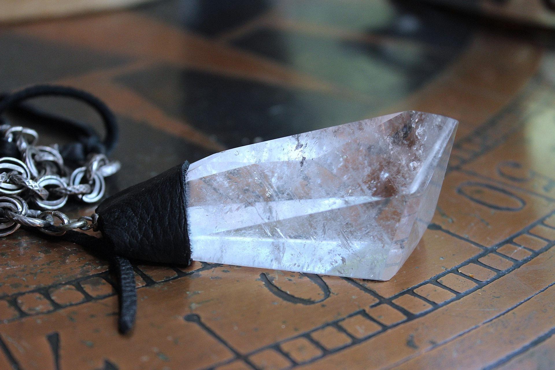 NEW! Amazing Free Form Clear Ghost Quartz Pendant Necklace with Embossed Silver Chain, Premium Black Suede Leather Cap & Ties