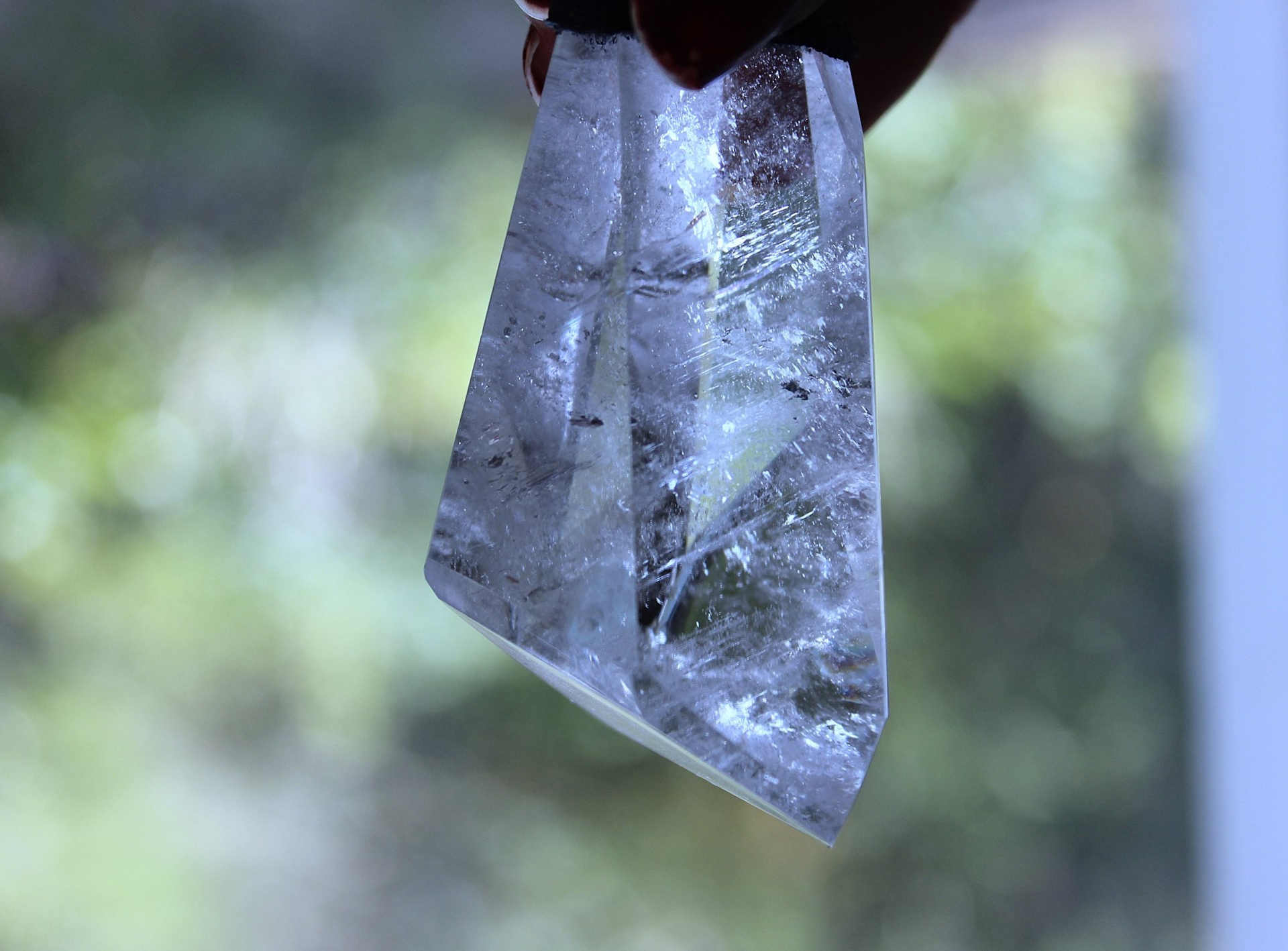 NEW! Amazing Free Form Clear Ghost Quartz Pendant Necklace with Embossed Silver Chain, Premium Black Suede Leather Cap & Ties